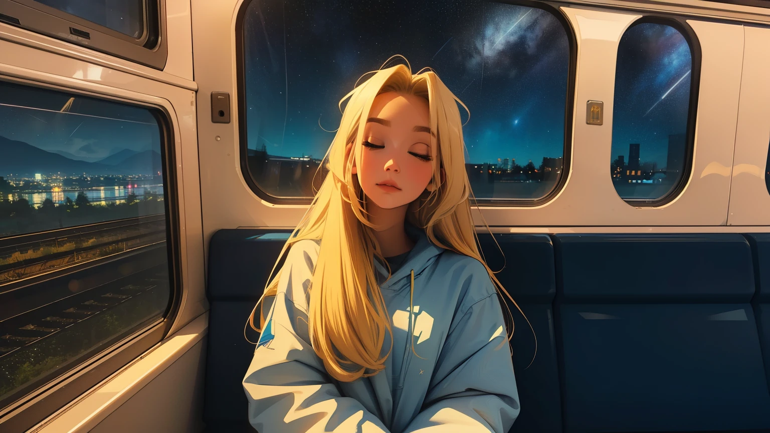 train, sit by the window, I'm sleeping with my arms crossed, look at the stars, head stuck in glass, Scenery passing by at high speed, night trip, beautiful starry sky, Beautiful girl, UHD Portraits, (high quality) (ultra detail) Looking at viewers wearing hip-hop style streetwear; different, colorful, colored blonde long hair 🌈