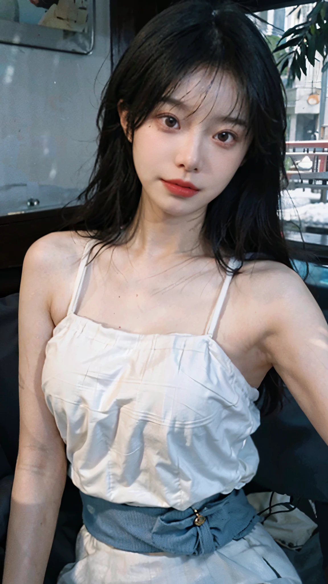 Film portrait photography, 2 girls, 2 girls,twin,bare shoulders,, Snow white sling,Big breasts ,(Realistic and detailed eyes, natural skin texture, Realistic facial details),, depth of field, Bokeh, Vibrant details, Detailed and detailed, Surrealism, 35mm film, hazy, ,Selfie,