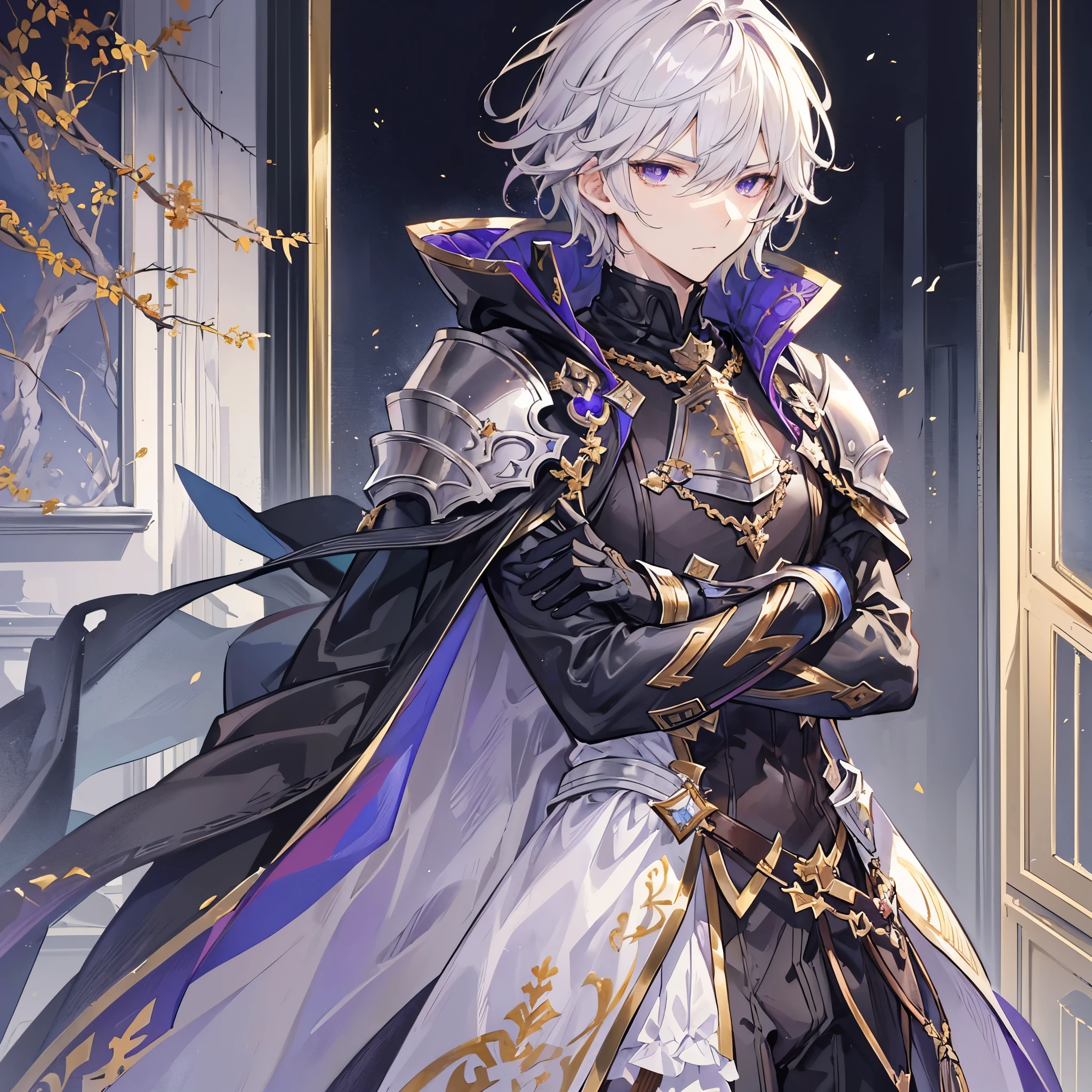 Handsome male, 1male, 17 years old, teenager, golden lining, short white hair, dark purple eyes, lucilius from granblue fantasy, close up, calm expression, stoic, grey military clothes, golden armor, black cape, black gloves, crossed arms, upper body, looking at viewer, cowboy shot, black hallway background