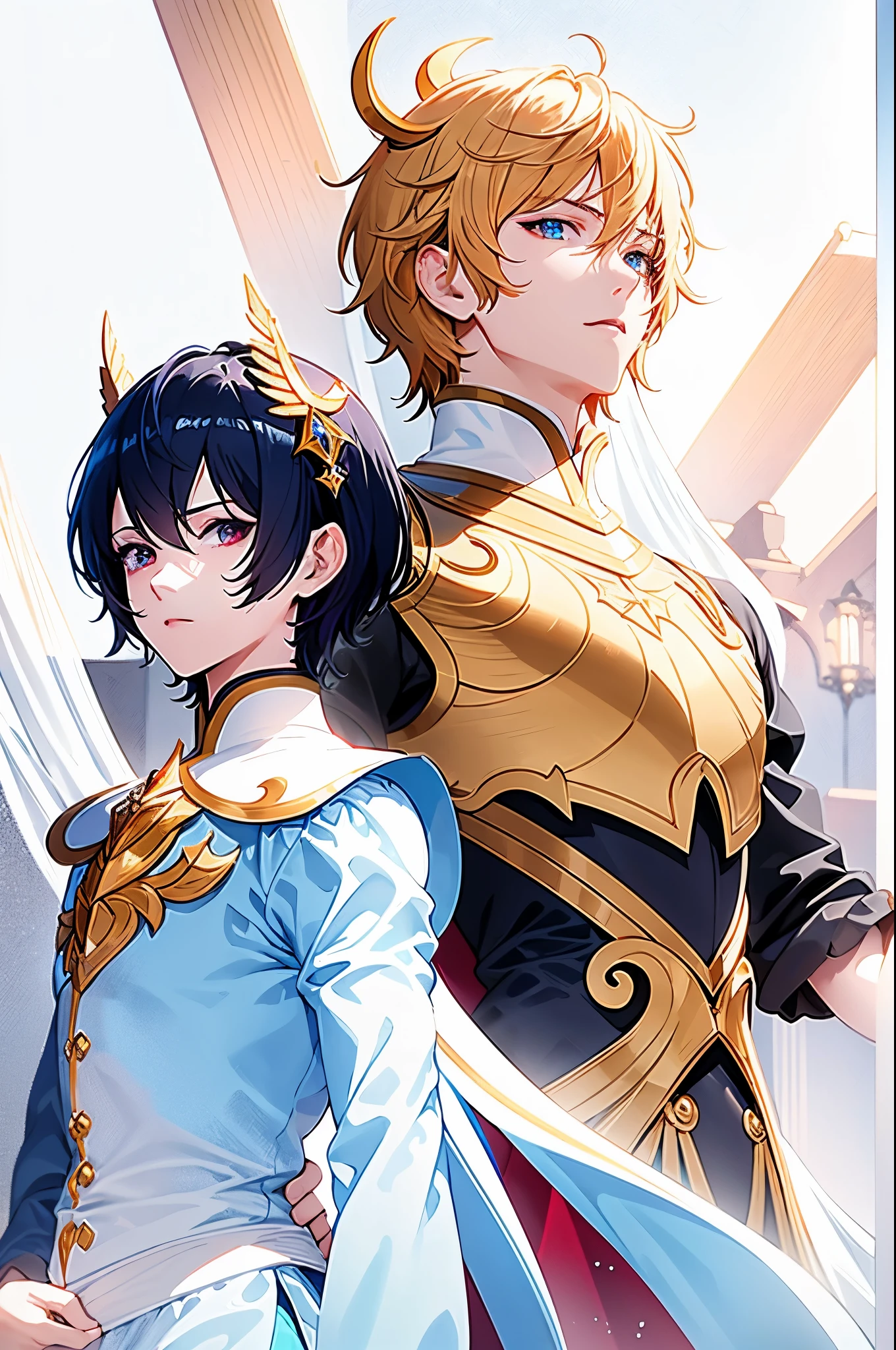 (absurdres, highres, ultra detailed, HDR), masterpiece, best quality, "magic knight rayearth" Character handsome boy in dark outfit short hair wearing detailed headgear , clean cut hair, overhead shine, light, detailed interior mansion, gentle, misha, glitter, 4k, color splash, line art, art, fibonacci,
