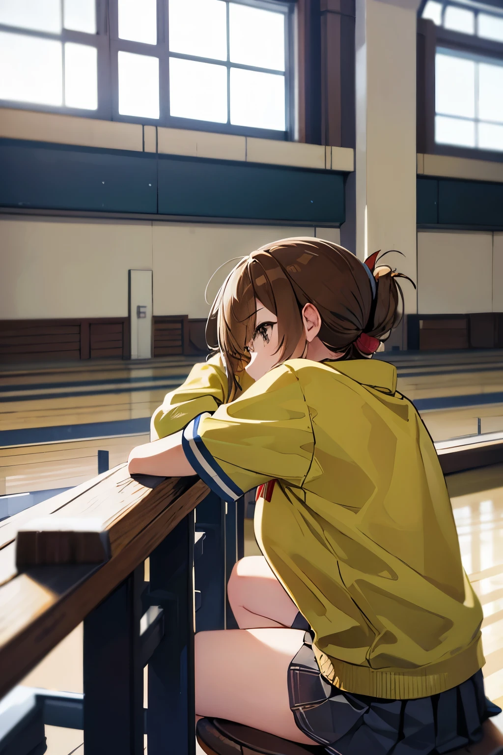 I am sitting on the floor of the school gymnasium and observing classes because I am not feeling well.,(masterpiece, best quality:1.2),illustration,8k,hd,1girl,solo,upper body,(portrait:1.2),brown_hair,folded_ponytail,brown_eyes,serafuku,long_hair,school_uniform,skirt,pleated_skirt,