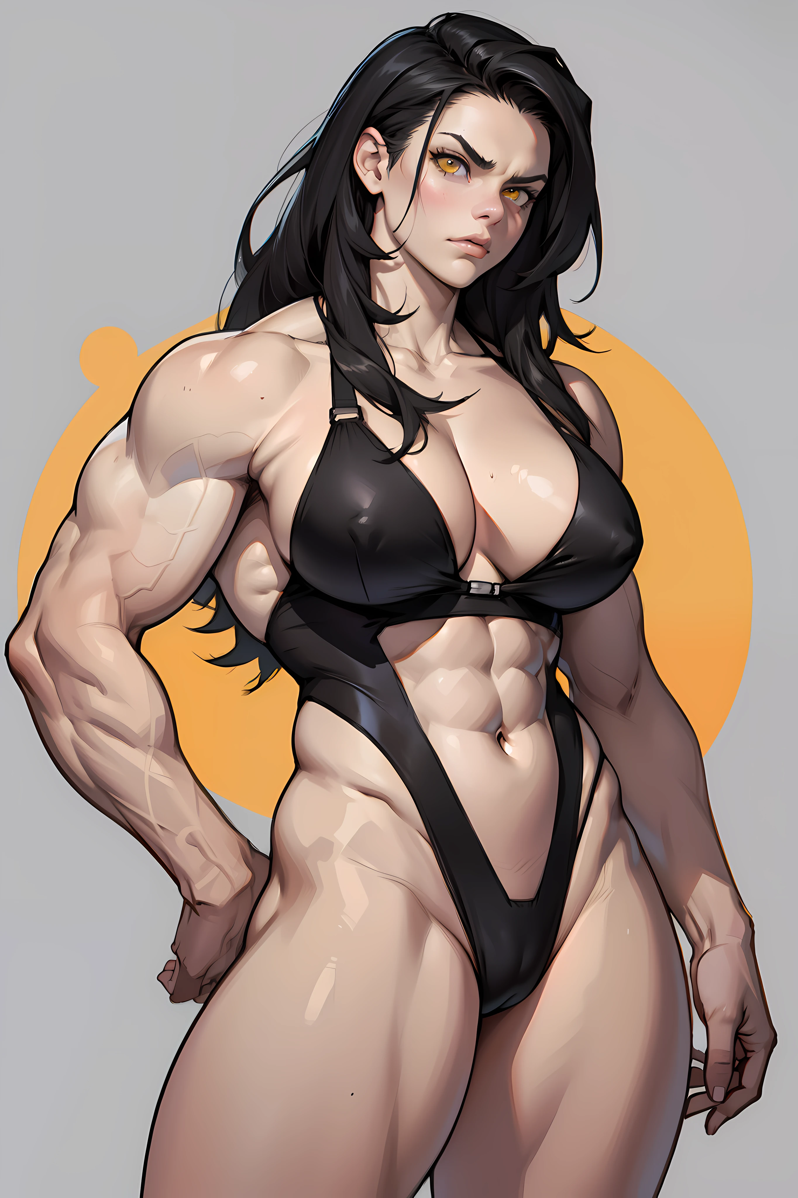 (1girl) pale skin huge breasts (muscular)) toned body thick thighs black hair yellow eyes (swimsuit long hair grey background) bodybuilder angry