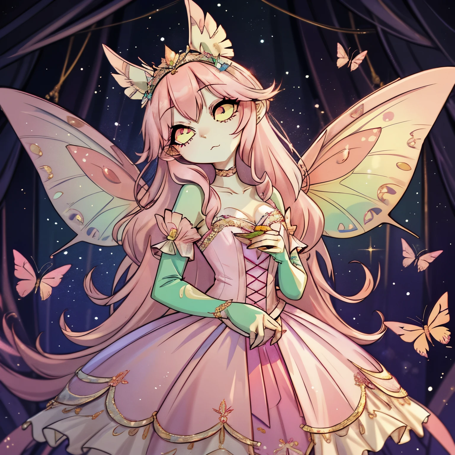 In the enchanting realm of Hazbin Hotel, a feminine butterfly demon emerges, adorned in a captivating color palette of light green, soft peach, gentle pink, dark mauve, and vibrant pink. Her delicate features and iridescent light green skin exude an ethereal aura, while her wings, in shades of peach, pink, and mauve, shimmer with delicate patterns. Her eyes sparkle with a blend of gentle and vibrant pink, reflecting a playful curiosity. Flowing hair cascades in soft peach and gentle pink tones, framing her face with whimsical beauty.

As for her attire, she wears a graceful ensemble that complements her delicate nature. Her dress, crafted with intricate details, combines the colors of her palette into a harmonious blend. The bodice is adorned with soft peach and gentle pink accents, while the skirt flows with layers of translucent fabric in varying shades of pink and mauve. The dress mimics the elegance of butterfly wings, with ethereal patterns and delicate embellishments that shimmer in the light. Completing her ensemble, she wears delicate accessories such as a floral crown or hairpins adorned with small butterfly motifs, adding a touch of natural beauty to her appearance.