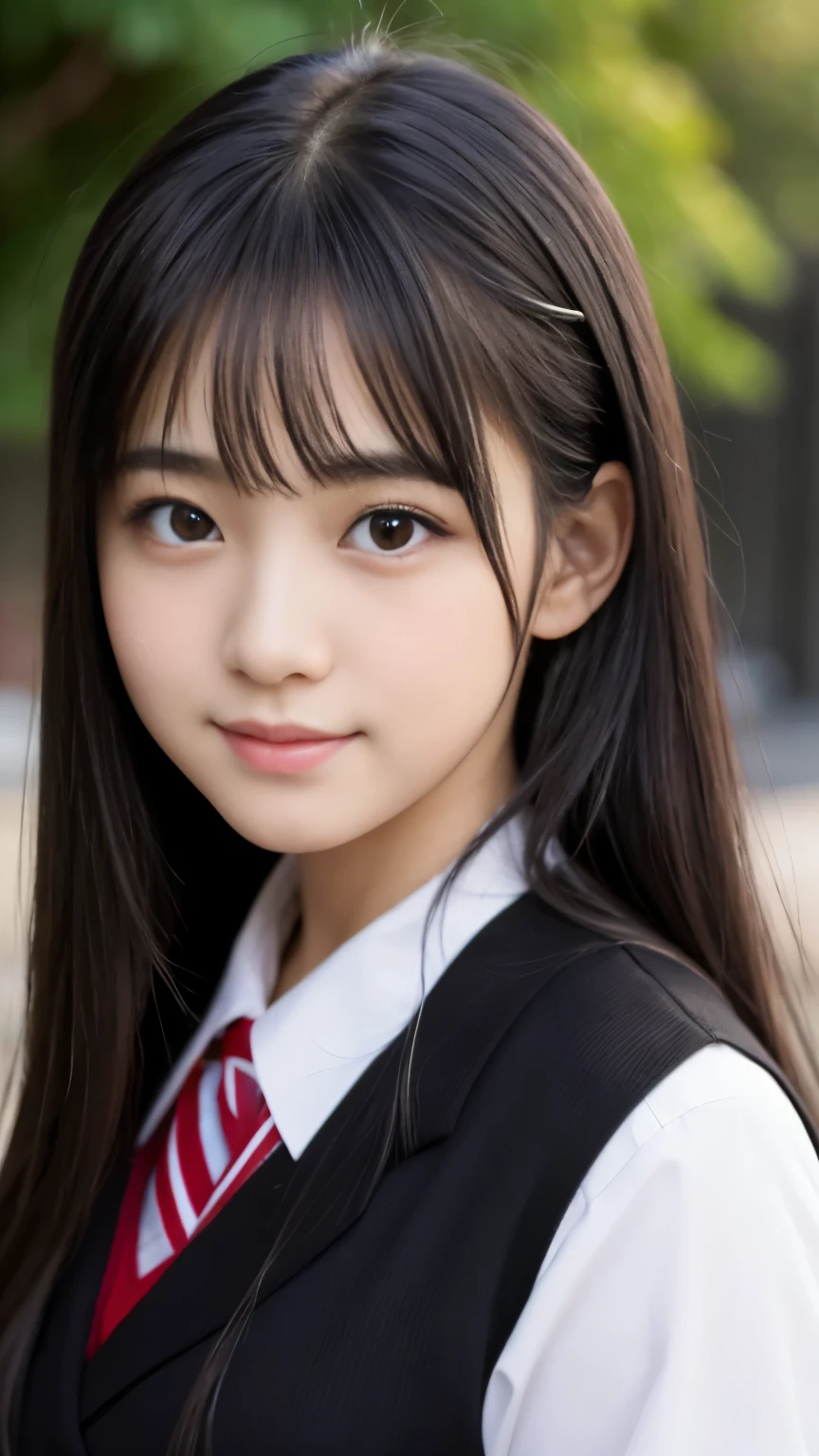 Best-quality, Masterpiece, Ultra-High-Resolution, (Photorealistic:1.4), Raw-Photo, 1girl, 15-years-old, the most famous Japanese idol, (wearing only Japanese-high-school-uniform), innocent smile, extremely cute face like the most popular Japanese idol, (((extremely beautiful big-black-eyes))), extremely beautiful black-hair, extremely beautiful long-eyelashes, extremely beautiful lips, extremely beautiful skins, detailed big-black-eyes, detailed Japanese-high-school-uniform