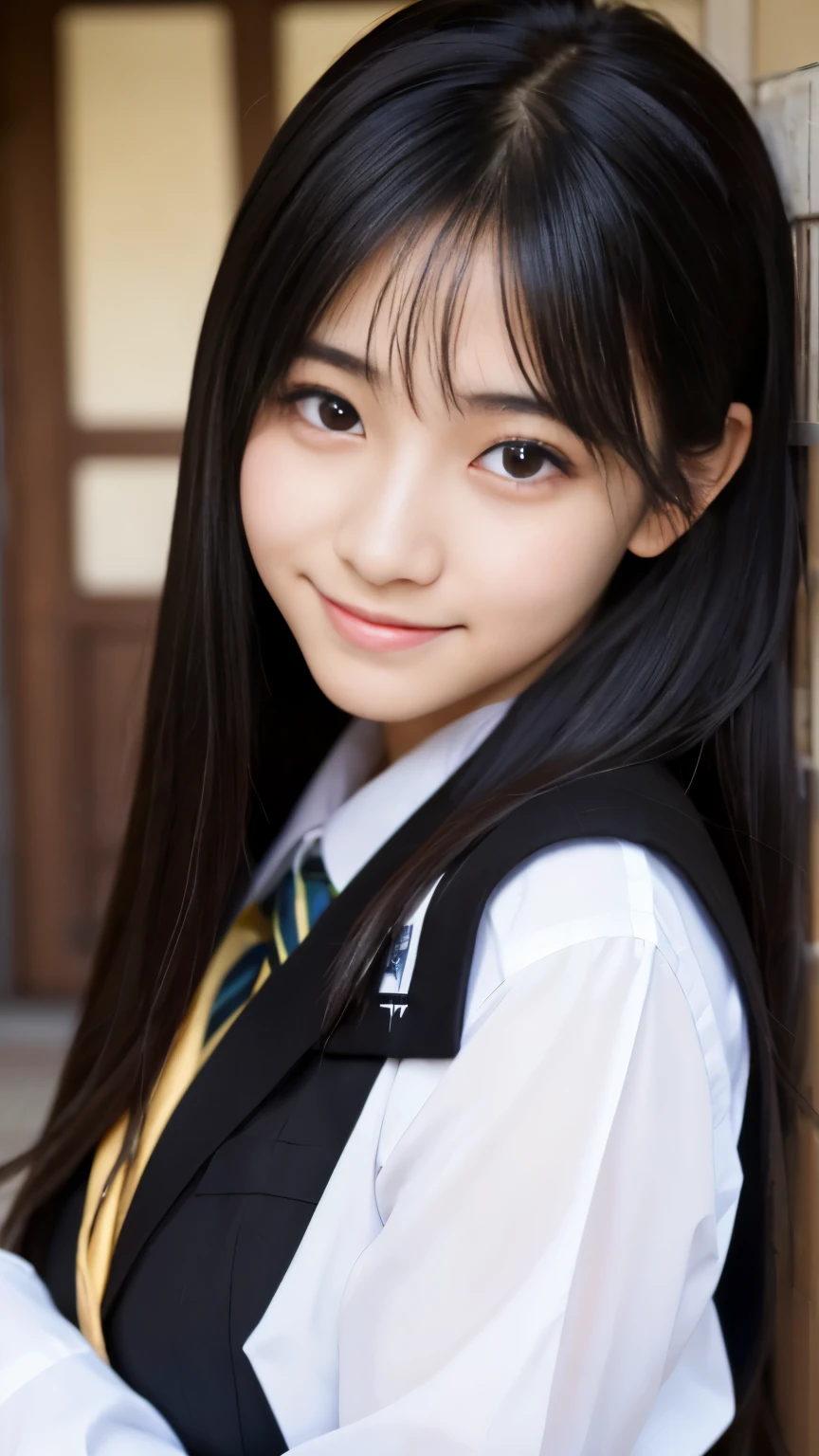 Best-quality, Masterpiece, Ultra-High-Resolution, (Photorealistic:1.4), Raw-Photo, 1girl, -yeld, thost famous Japanese idol, (wearing only Japanese-high-school-uniform), innocent smile, extremely cute face like the most popular Japanese idol, (((extremely beautiful big-black-eyes))), extremely beautiful black-hair, extremely beautiful long-eyelashes, extremely beautiful lips, extremely beautiful skins, detailed big-black-eyes, detailed Japanese-high-school-uniform