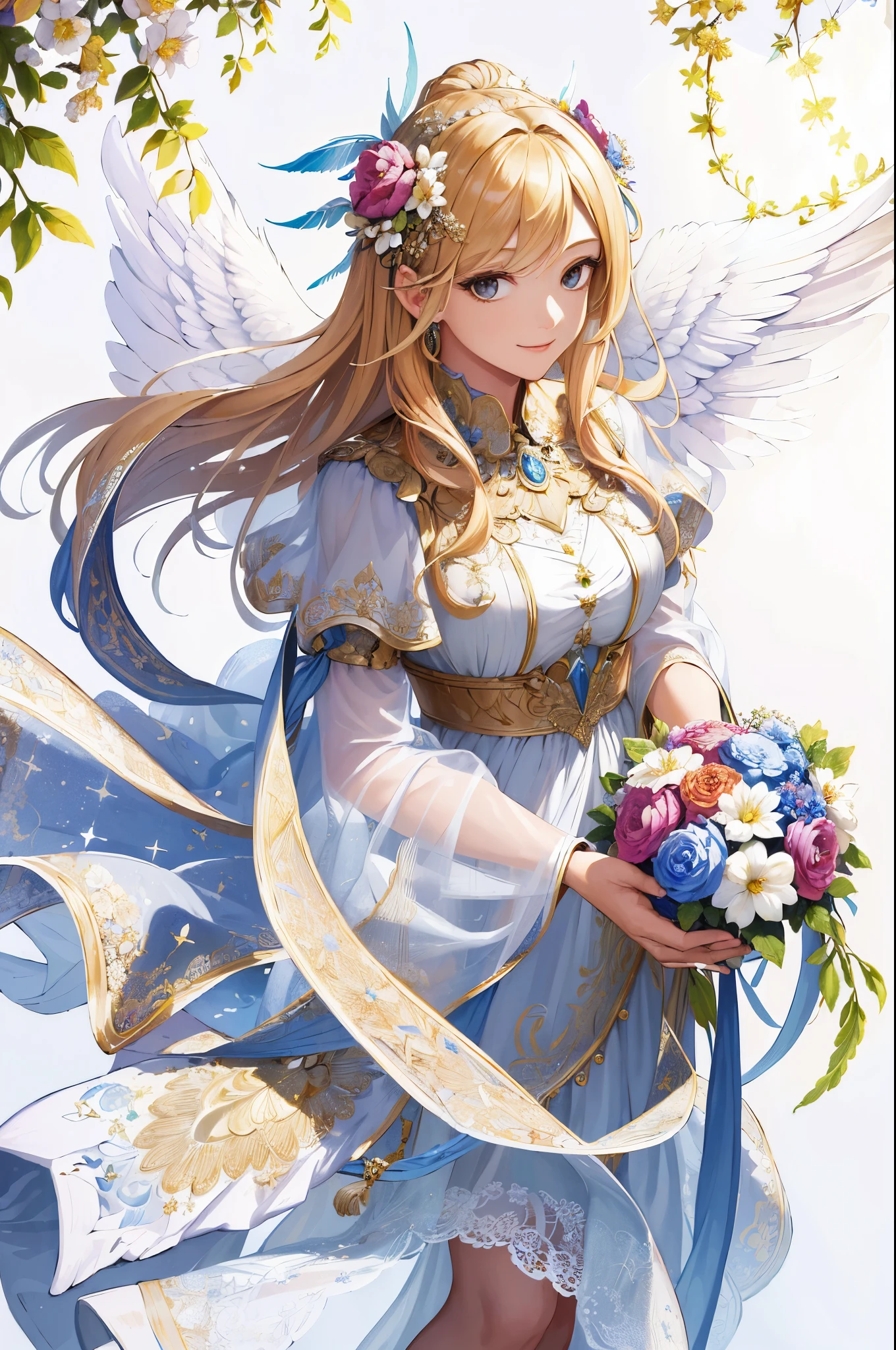 (masterpiece, top quality, high resolution: 1.4), detail, intricate details, smiling beautiful girl, angel big feathers, flower hair ornament, overhead shine, light, flower garden, gentle, misha, glitter, bouquet, 4k, color splash, line art, art, fibonacci,