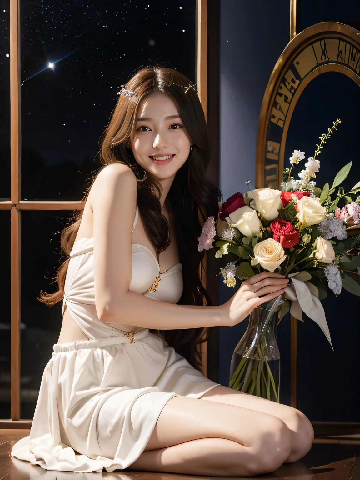 full body portrait or statue、Stained glass、12 constellations、Vigée Leblanc style、math、astronomical machine、astronaut、roses in vase、fruit、Cute trinkets、smile、ancient greek costume、Sandro Botticelli paintings、Costume that stretches your shoulders、A big smile、expression of ecstasy、sexy、beautiful bare skin、Detailed representation of the seducing woman throughout the body