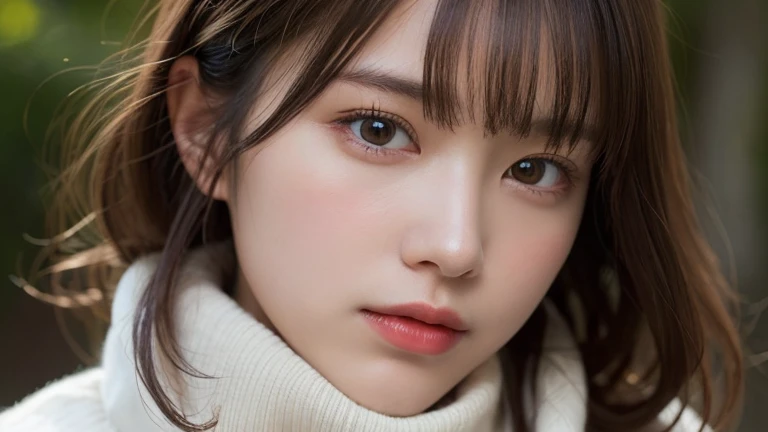 (long hair, curly hair, bangs:1.2),(wear turtleneck clothes:1.2),1 girl,Japanese,21 years old,(big breasts:1.3),(highest quality,masterpiece:1.3,Super high resolution,),(super detailed,caustics),(Photoreal:1.4,RAW shooting,)ultra-realistic capture,very detailed,High resolution 16K human skin close-up。 natural skin texture、,The pores are、、Must be detailed enough to be easily identified。 Skin should look even-toned and healthy。 Use natural light and color, sad expression, look at the camera, perfect dynamic composition, outdoors
