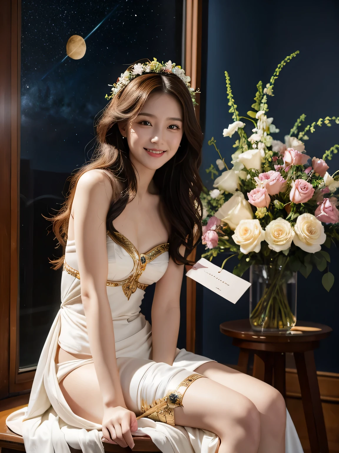 full body portrait or statue、Stained glass、12 constellations、Vigée Leblanc style、math、astronomical machine、astronaut、roses in vase、fruit、Cute trinkets、smile、ancient greek costume、Sandro Botticelli paintings、Costume that stretches your shoulders、A big smile、expression of ecstasy、sexy、beautiful bare skin、Detailed representation of the seducing woman throughout the body
