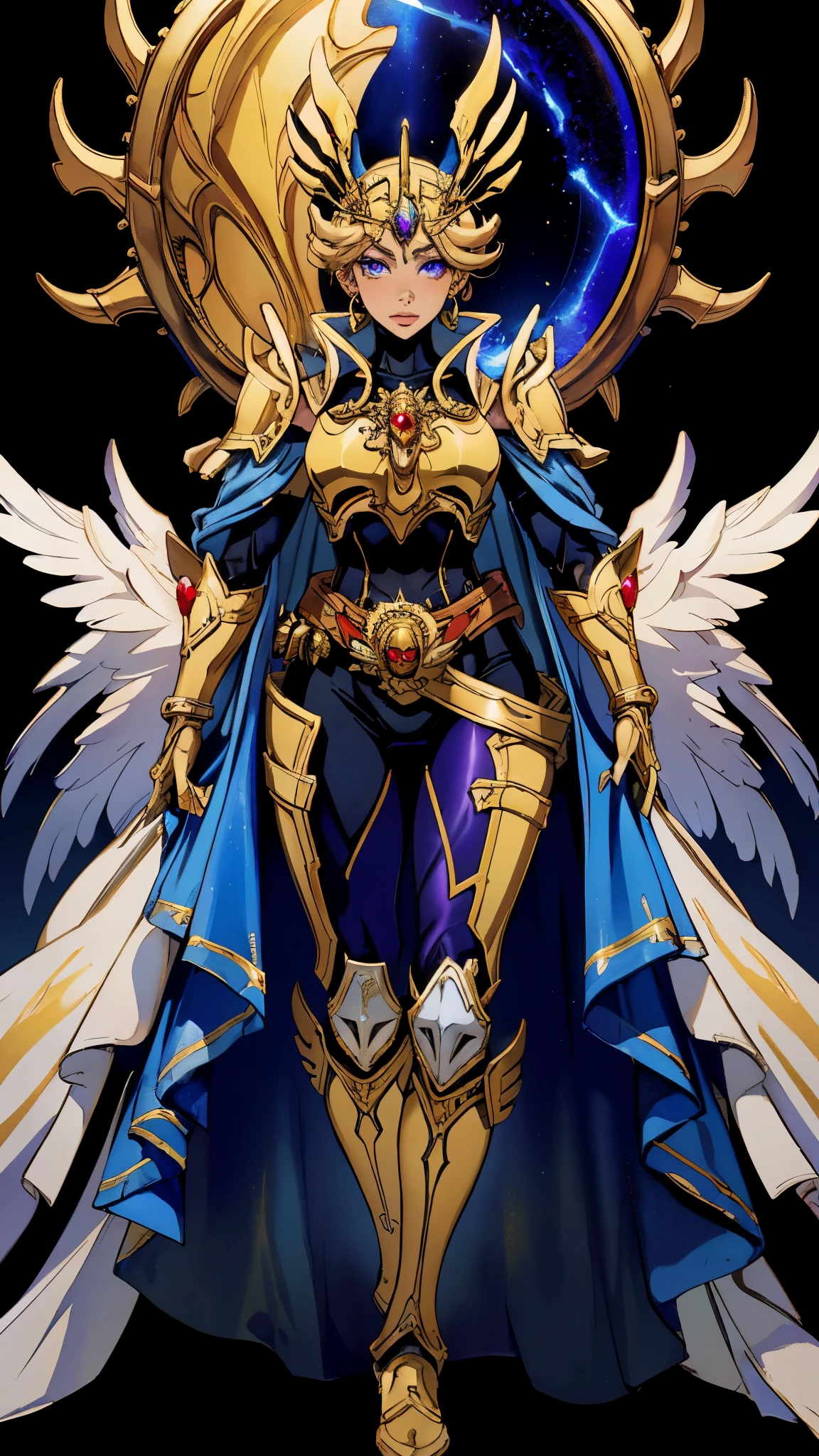 A woman adorned in fantasy-style full-body armor, a crown-concept fully enclosed helmet that unveils only her eyes, a composite layered chest plate, fully encompassing shoulder and hand guards, a lightweight waist armor, form-fitting shin guards, the overall design is heavy-duty yet flexible, (the armor gleams with a golden glow, complemented by red and blue accents), exhibiting a noble aura, she floats above a fantasy-surreal high-tech city, this character embodies a finely crafted fantasy-surreal style armored hero in anime style, exquisite and mature manga art style, (mixture of Queen bee and Spider concept Armor, plasma), ((Element, elegant, goddess, femminine:1.5)), metallic, high definition, best quality, highres, ultra-detailed, ultra-fine painting, extremely delicate, professional, anatomically correct, symmetrical face, extremely detailed eyes and face, high quality eyes, creativity, RAW photo, UHD, 32k, Natural light, cinematic lighting, masterpiece-anatomy-perfect, masterpiece:1.5