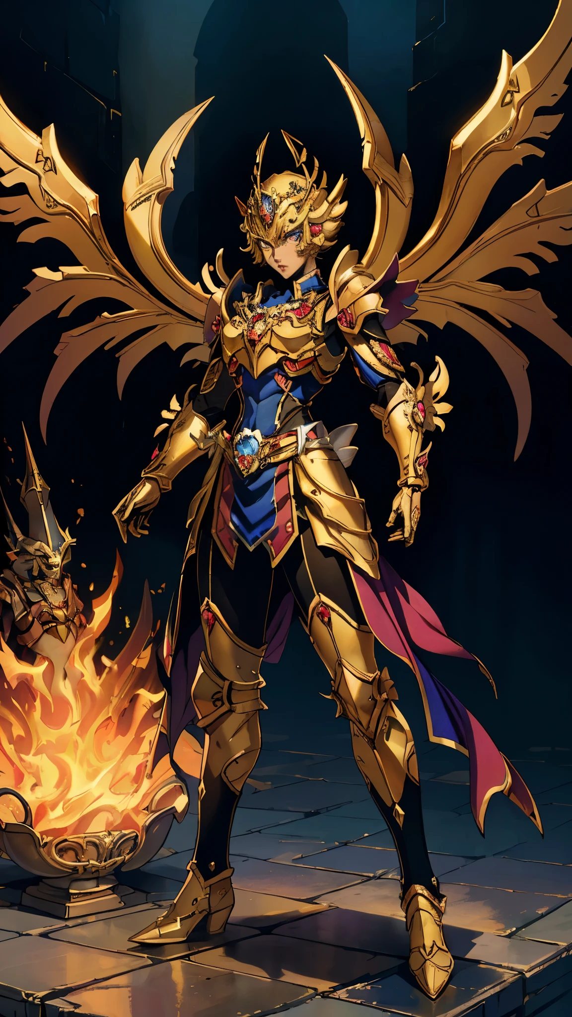 A woman adorned in fantasy-style full-body armor, a crown-concept fully enclosed helmet that unveils only her eyes, a composite layered chest plate, fully encompassing shoulder and hand guards, a lightweight waist armor, form-fitting shin guards, the overall design is heavy-duty yet flexible, (the armor gleams with a golden glow, complemented by red and blue accents), exhibiting a noble aura, she floats above a fantasy-surreal high-tech city, this character embodies a finely crafted fantasy-surreal style armored hero in anime style, exquisite and mature manga art style, (mixture of Queen bee and Spider concept Armor, plasma), ((Element, elegant, goddess, femminine:1.5)), metallic, high definition, best quality, highres, ultra-detailed, ultra-fine painting, extremely delicate, professional, anatomically correct, symmetrical face, extremely detailed eyes and face, high quality eyes, creativity, RAW photo, UHD, 32k, Natural light, cinematic lighting, masterpiece-anatomy-perfect, masterpiece:1.5