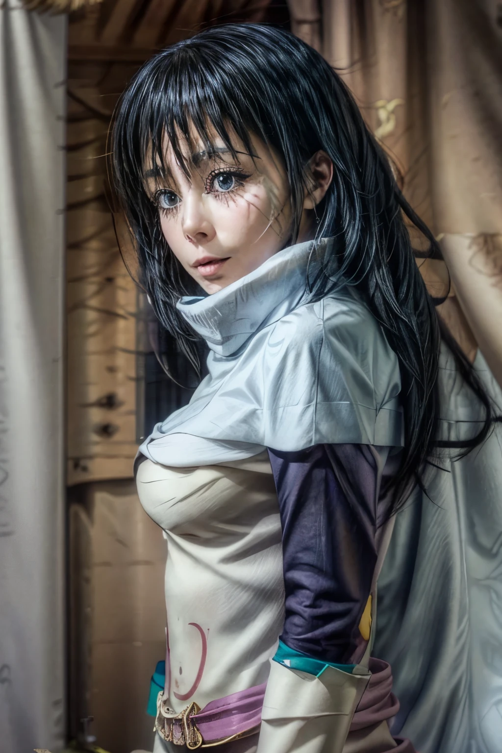 there is a woman with a fur coat and a belt, anime girl in real life, photorealistic anime girl render, ig model | artgerm, fubuki  from one punch man, green hime cut hair, with short hair, realistic artstyle, masayoshi suto and artgerm, 8k, High quality image, masterpiece, detailed hair texture, detailed skin texture, detailed cloth texture, 8k, add fabric details, ultra detailed skin texture, ultra detailed photo, skin pores, cloth details, high skin details, realistic hair details, dramatic light