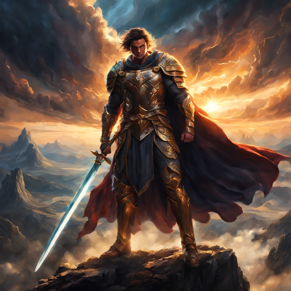 an otherworldly hero,brave,tall figure,holding a magical sword,glowing eyes and powerful aura,flowing cape,armor shining in the sunlight,standing on a mountaintop,overlooking a fantastical landscape,dramatic clouds and epic skies,bathed in golden light,(best quality:1.2),ultra-detailed,(realistic:1.37),fantasy artwork,majestic and awe-inspiring, vibrant colors,subtle warm tones,soft yet dramatic lighting.