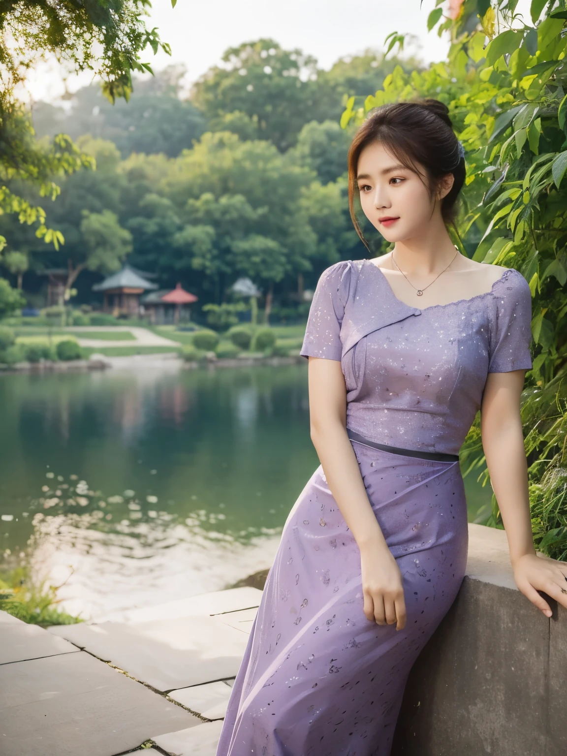 high-definition images, atmospheric perspective, 8k, super detail, accurate, best quality, angle from below, a woman, drooping eyes, sleepy face, blush,(floral purple dress), , shoulder bag, necklace, standing portraits ,day scene, pagoda view, hair up, acmm's outfit, black acmm's top , black printed acmm's skirt,