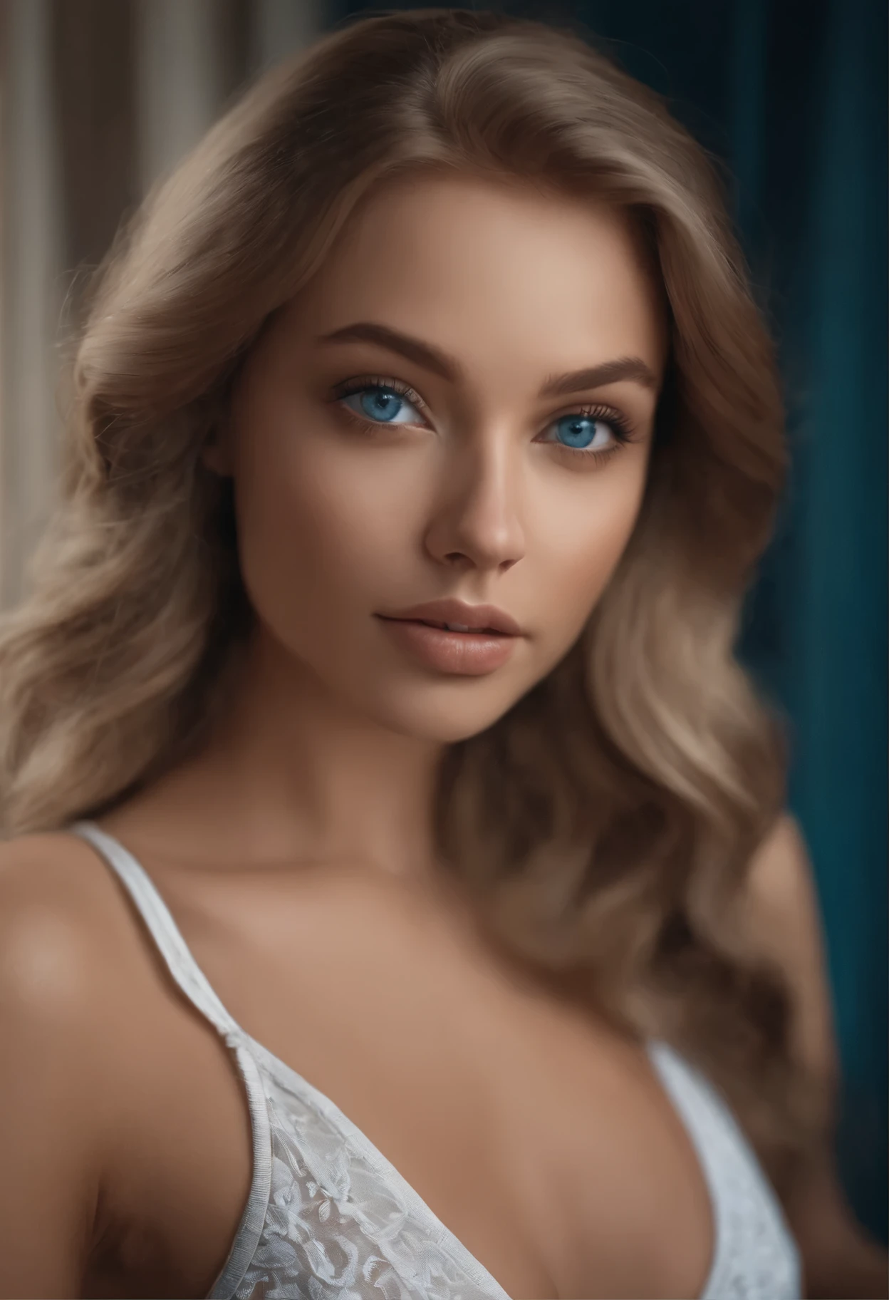 arafed woman fully , sexy girl with blue eyes, ultra realistic, meticulously detailed, portrait sophie mudd, blonde hair and large eyes, selfie of a young woman, bedroom eyes, violet myers, without makeup, natural makeup, looking directly at the camera, face with artgram, subtle makeup, stunning full body shot kneeling on bed, in club, large size bust