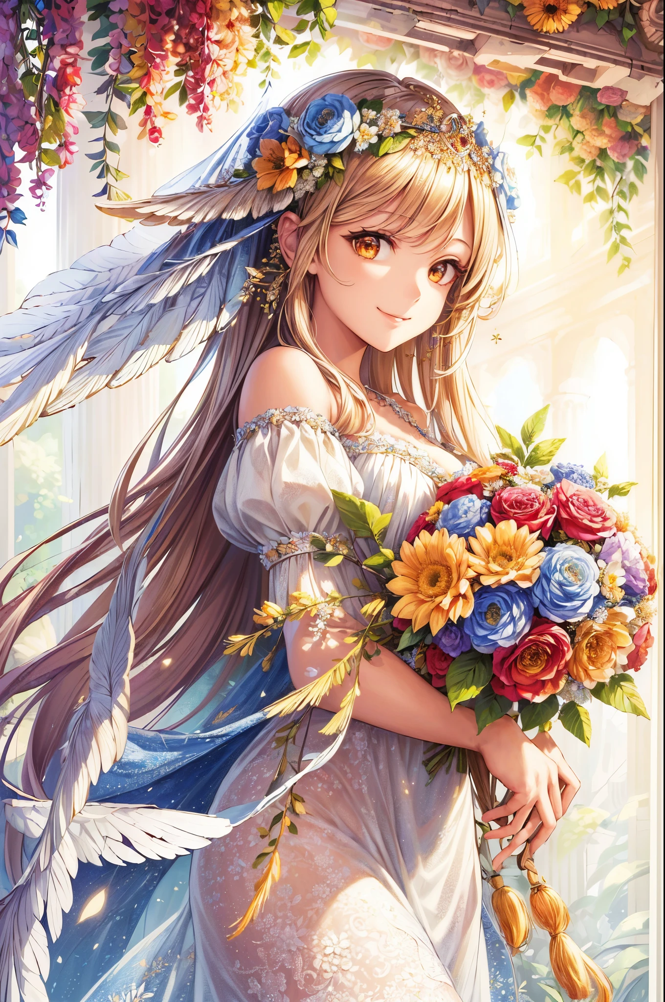 (masterpiece, top quality, high resolution: 1.4), detail, intricate details, smiling beautiful girl, angel big feathers, flower hair ornament, overhead shine, light, flower garden, gentle, misha, glitter, bouquet, 4k, color splash, line art, art, fibonacci,
