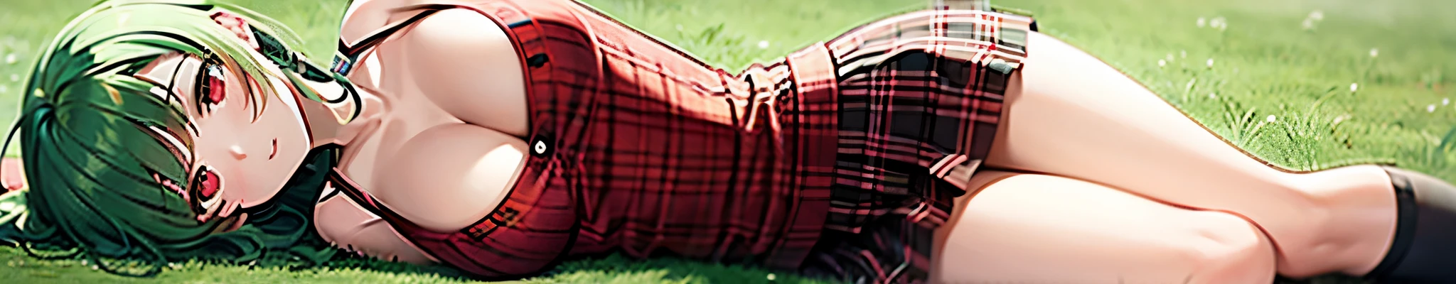 Masterpiece, best quality, 1girl, solo, yuuka kazami, green hair, wavy hair, red eyes, unbuttoned white shirt, large breasts, red plaid vest, red plaid skirt, laying on the ground with her head resting on her hands