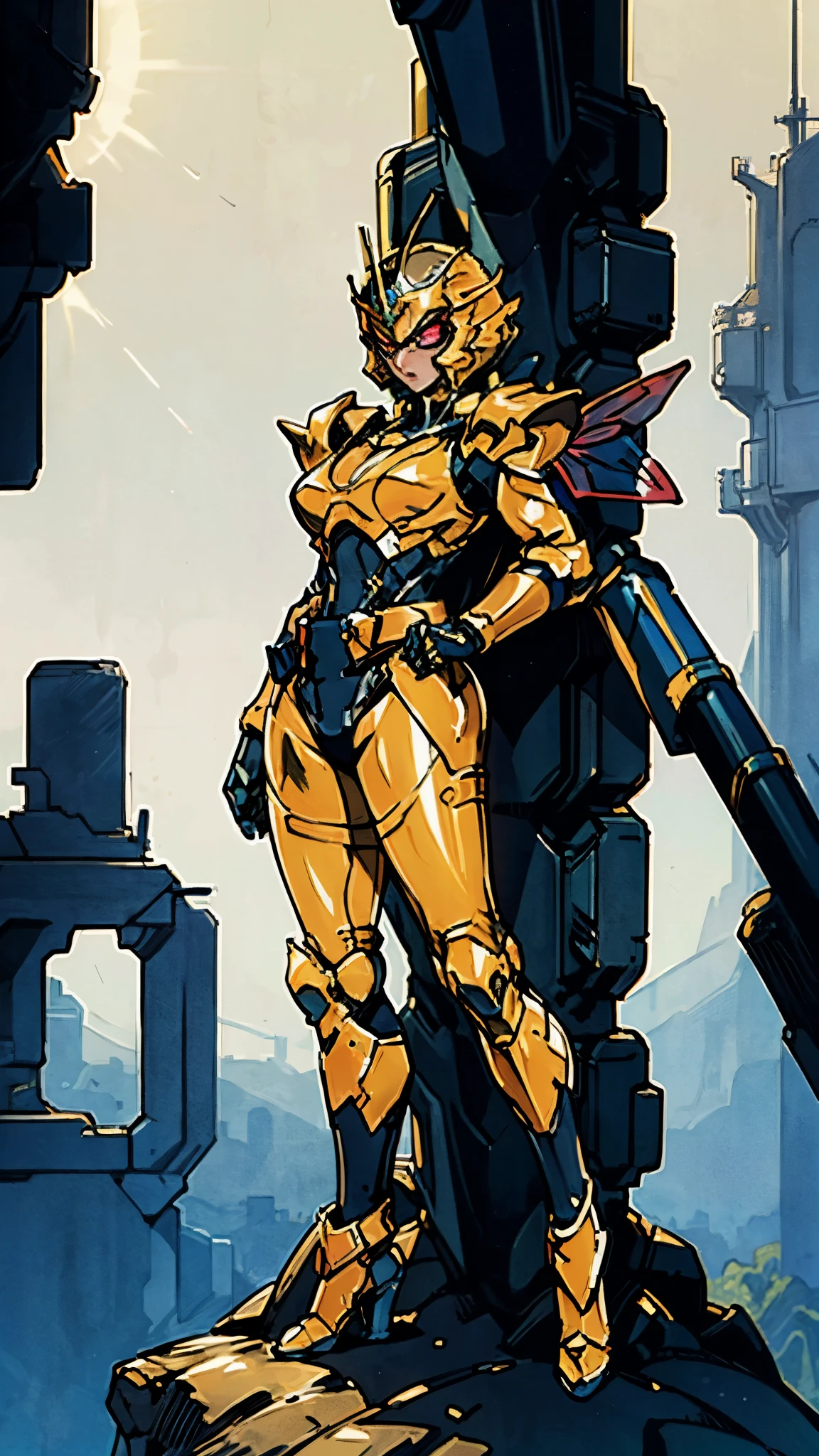 A woman adorned in fantasy-style full-body armor, a crown-concept fully enclosed helmet that unveils only her eyes, a composite layered chest plate, fully encompassing shoulder and hand guards, a lightweight waist armor, form-fitting shin guards, the overall design is heavy-duty yet flexible, (the armor gleams with a golden glow, complemented by red and blue accents), exhibiting a noble aura, she floats above a fantasy-surreal high-tech city, this character embodies a finely crafted fantasy-surreal style armored hero in anime style, exquisite and mature manga art style, (mixture of Queen bee and Spider concept Armor, plasma), ((Element, elegant, goddess, femminine:1.5)), metallic, high definition, best quality, highres, ultra-detailed, ultra-fine painting, extremely delicate, professional, anatomically correct, symmetrical face, extremely detailed eyes and face, high quality eyes, creativity, RAW photo, UHD, 32k, Natural light, cinematic lighting, masterpiece-anatomy-perfect, masterpiece:1.5