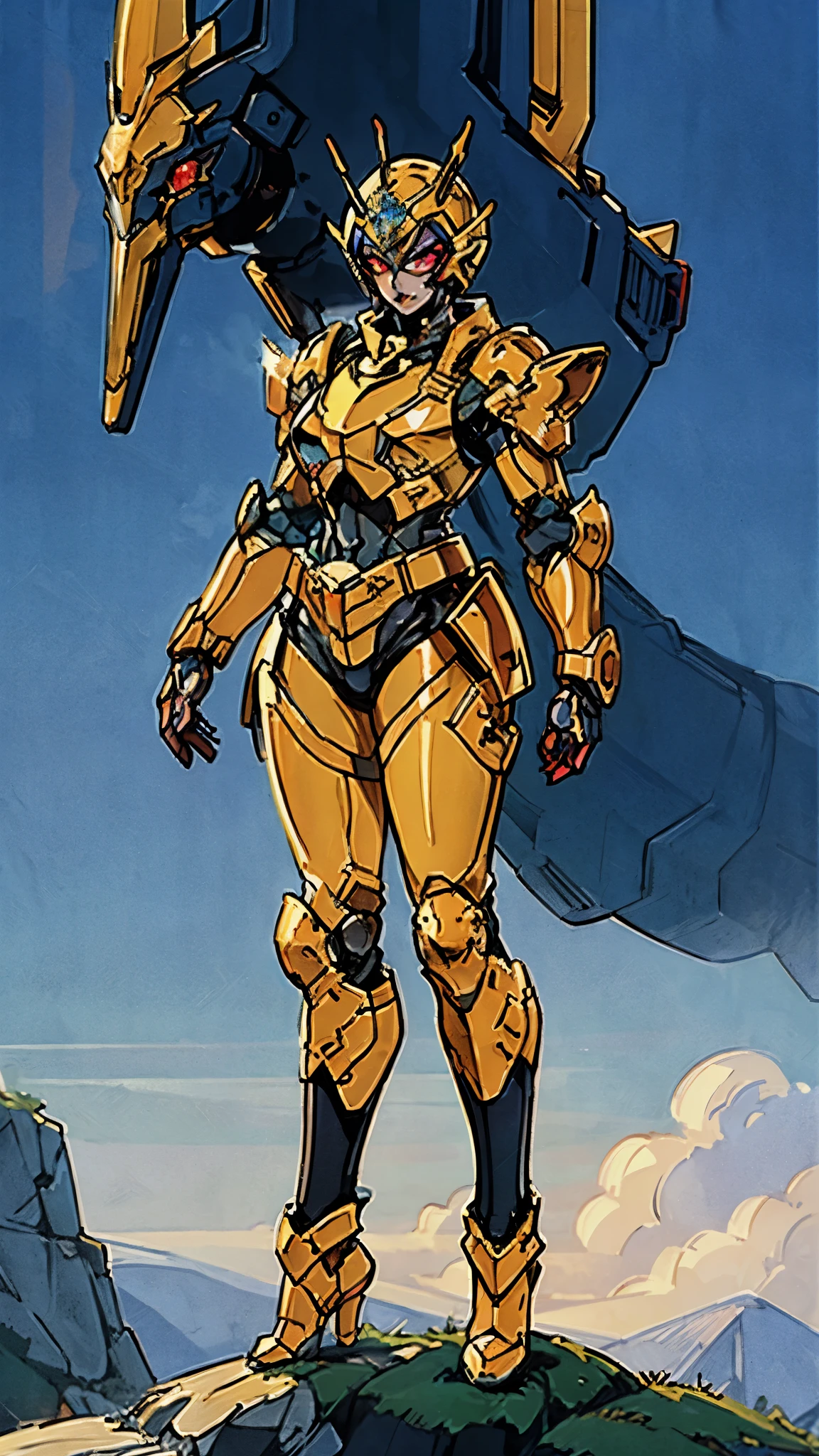 A woman adorned in fantasy-style full-body armor, a crown-concept fully enclosed helmet that unveils only her eyes, a composite layered chest plate, fully encompassing shoulder and hand guards, a lightweight waist armor, form-fitting shin guards, the overall design is heavy-duty yet flexible, (the armor gleams with a golden glow, complemented by red and blue accents), exhibiting a noble aura, she floats above a fantasy-surreal high-tech city, this character embodies a finely crafted fantasy-surreal style armored hero in anime style, exquisite and mature manga art style, (mixture of Queen bee and Spider concept Armor, plasma), ((Element, elegant, goddess, femminine:1.5)), metallic, high definition, best quality, highres, ultra-detailed, ultra-fine painting, extremely delicate, professional, anatomically correct, symmetrical face, extremely detailed eyes and face, high quality eyes, creativity, RAW photo, UHD, 32k, Natural light, cinematic lighting, masterpiece-anatomy-perfect, masterpiece:1.5