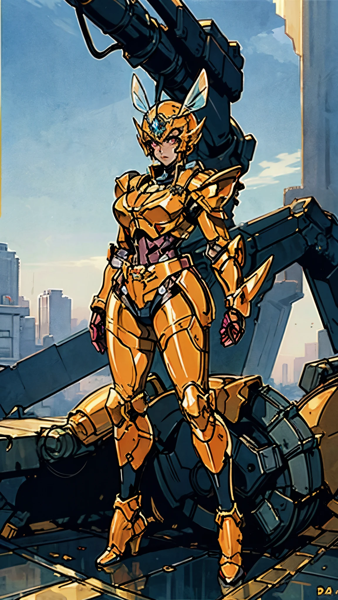 A woman adorned in fantasy-style full-body armor, a crown-concept fully enclosed helmet that unveils only her eyes, a composite layered chest plate, fully encompassing shoulder and hand guards, a lightweight waist armor, form-fitting shin guards, the overall design is heavy-duty yet flexible, (the armor gleams with a golden glow, complemented by red and blue accents), exhibiting a noble aura, she floats above a fantasy-surreal high-tech city, this character embodies a finely crafted fantasy-surreal style armored hero in anime style, exquisite and mature manga art style, (mixture of Queen bee and Spider concept Armor, plasma), ((Element, elegant, goddess, femminine:1.5)), metallic, high definition, best quality, highres, ultra-detailed, ultra-fine painting, extremely delicate, professional, anatomically correct, symmetrical face, extremely detailed eyes and face, high quality eyes, creativity, RAW photo, UHD, 32k, Natural light, cinematic lighting, masterpiece-anatomy-perfect, masterpiece:1.5