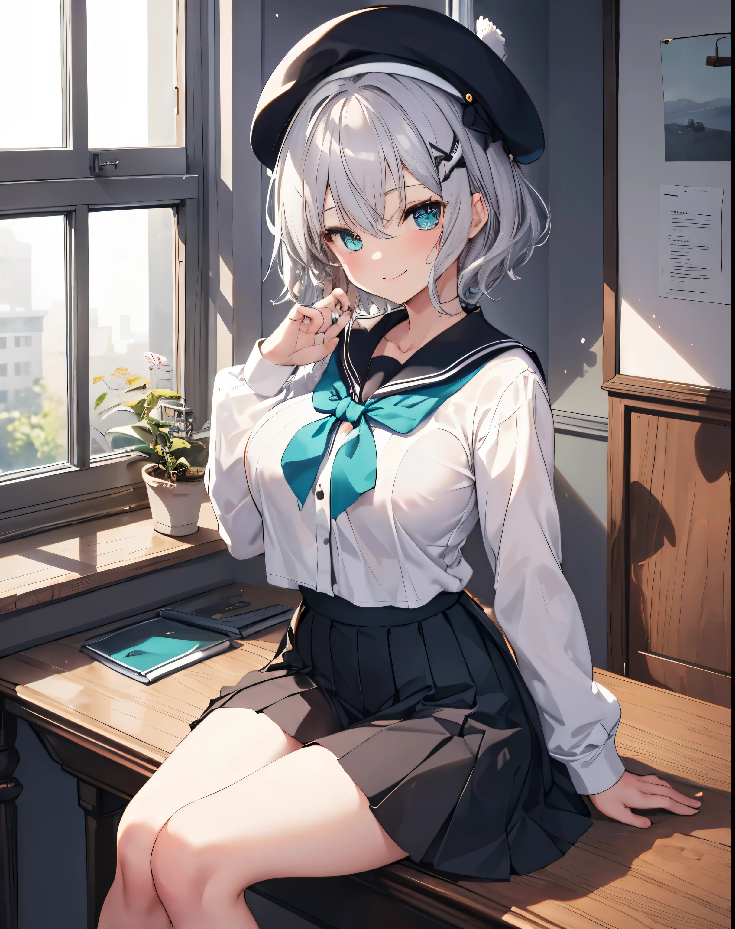 masterpiece,1girl, sparrow, a silver haired girl, wearing a sailor uniform, curly short hair, messy hair, black skirt, slim body, big breasts, she close her left eye, shirt ornament, ppai, plain expression, beautiful breasts, rounded breasts, aqua eyes, dress, miniskirt, sit at calssroom, ahoge, beret, cheerful smile