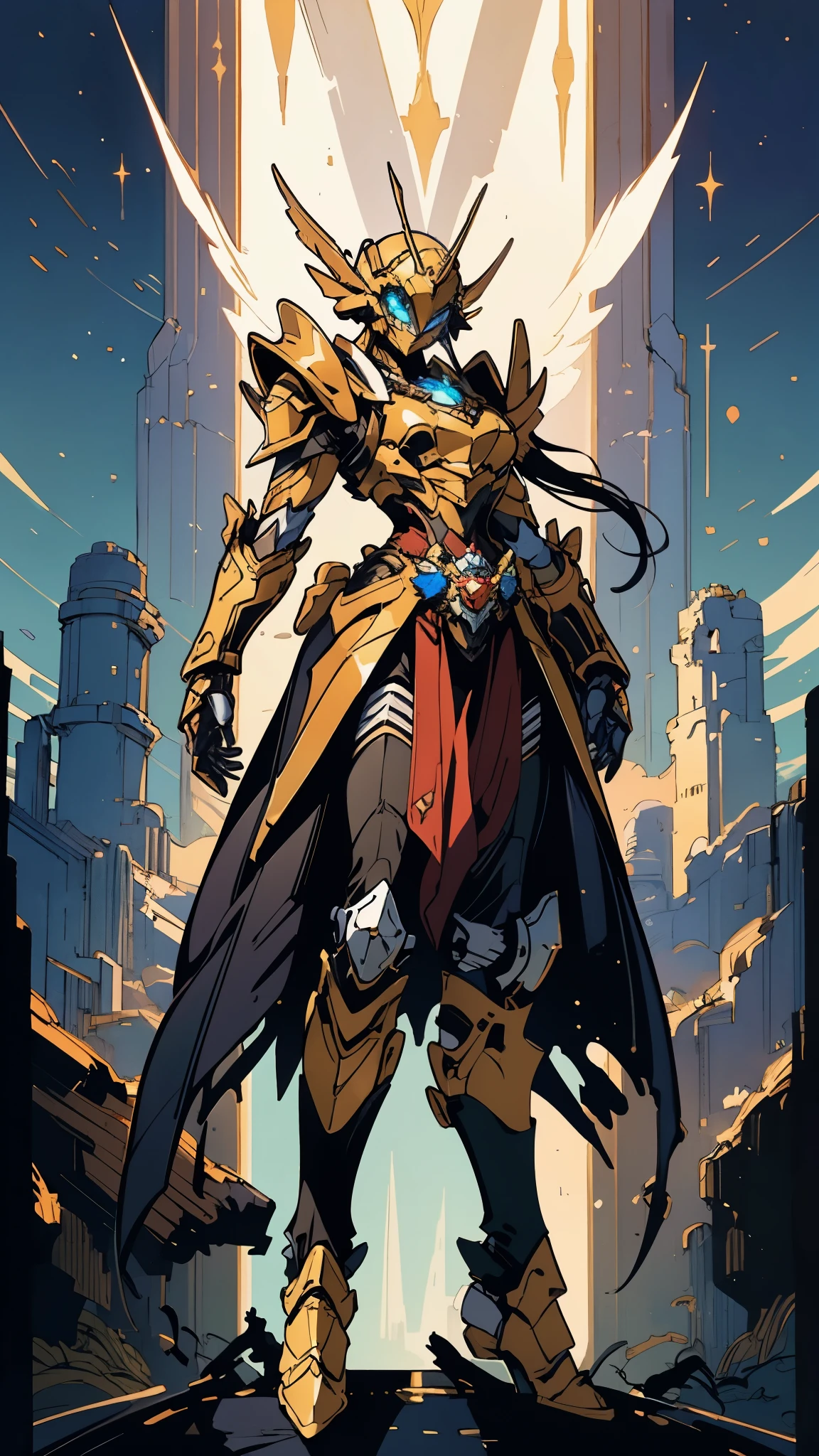 A woman adorned in fantasy-style full-body armor, a crown-concept fully enclosed helmet that unveils only her eyes, a composite layered chest plate, fully encompassing shoulder and hand guards, a lightweight waist armor, form-fitting shin guards, the overall design is heavy-duty yet flexible, (the armor gleams with a golden glow, complemented by red and blue accents), exhibiting a noble aura, she floats above a fantasy-surreal high-tech city, this character embodies a finely crafted fantasy-surreal style armored hero in anime style, exquisite and mature manga art style, (mixture of Queen bee and Spider concept Armor, plasma), ((Element, elegant, goddess, femminine:1.5)), metallic, high definition, best quality, highres, ultra-detailed, ultra-fine painting, extremely delicate, professional, anatomically correct, symmetrical face, extremely detailed eyes and face, high quality eyes, creativity, RAW photo, UHD, 32k, Natural light, cinematic lighting, masterpiece-anatomy-perfect, masterpiece:1.5