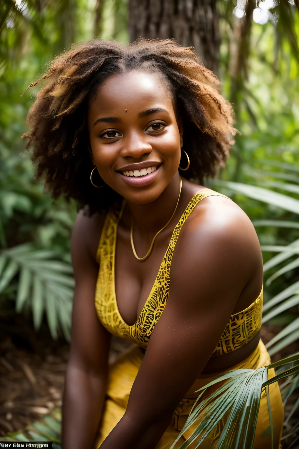 Hyper realistic photographie of a beautiful African woman in the depths of the African forest, capturing her stunning features and the untamed essence of the wilderness. Shot in RAW format, this sequence of images showcases a 16-year-old girl exuding confidence and joy as she takes a selfie, focusing on her upper body and radiating a captivating smile. The intricate details of her face are emphasized, highlighting her luscious lips and captivating eyes that possess a depth reminiscent of a lioness. The slightly blurred background adds an artistic touch, allowing the viewer to immerse themselves in the natural surroundings. The lighting, emanating from the sun's golden rays filtering through the dense foliage, creates a mesmerizing HDR effect. This professional and visually captivating series of photographs