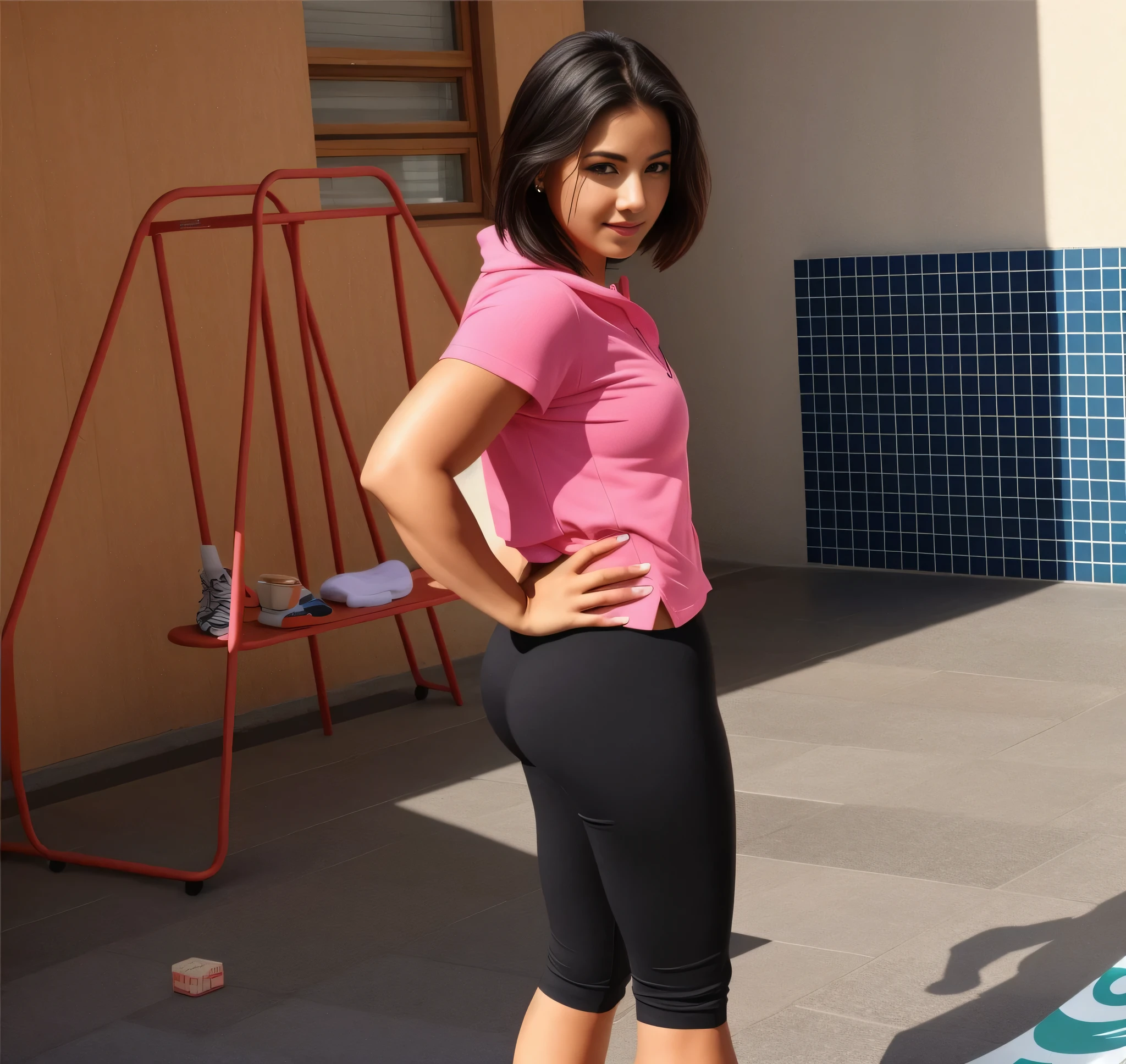 there is a woman standing on a skateboard in a courtyard, squatting down ao lado de uma piscina, vestindo roupas pretas justas, mulher posando, vestindo roupas simples e justas, Standing posture, fora, ao lado de uma piscina, quadris largos, woman is curved, a foto mostra um grande, pose lateral, back and standing, photo taken from behind