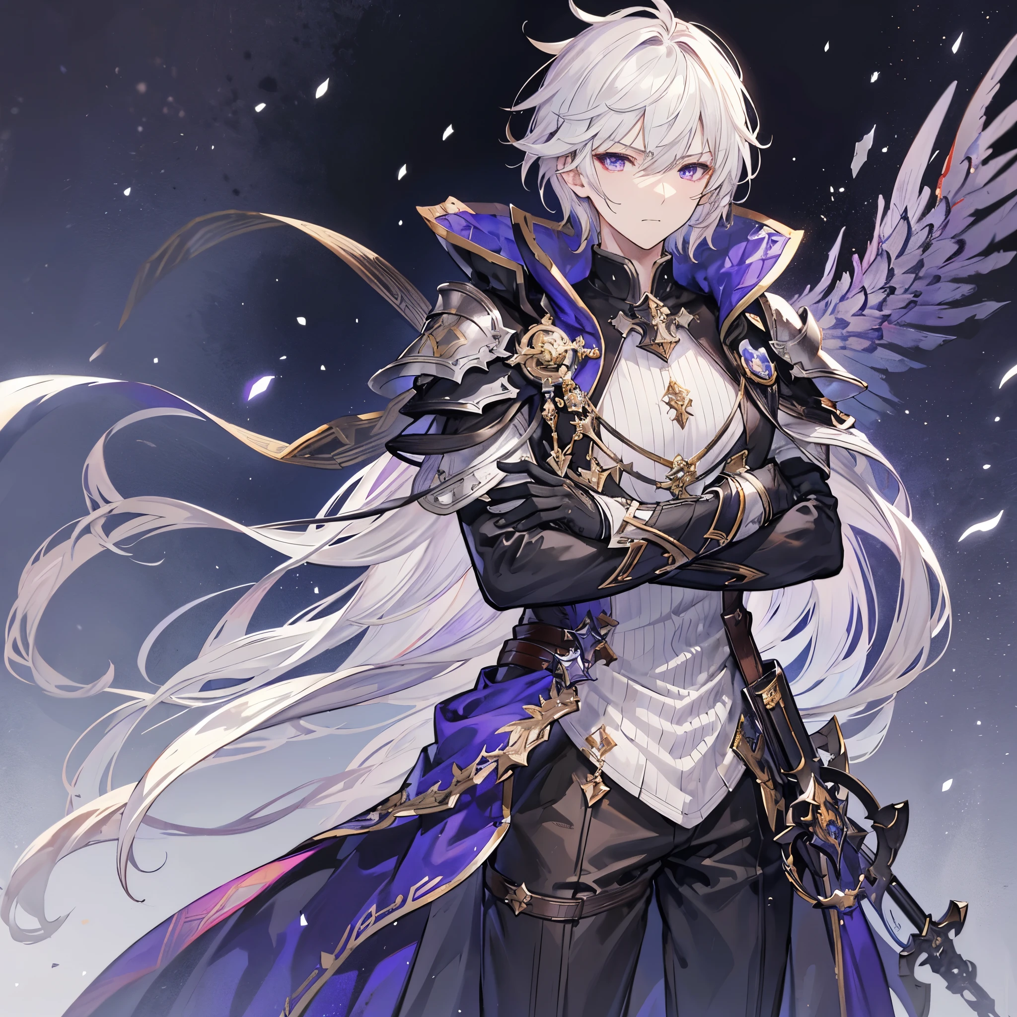 Handsome male, 1male, , teenager, golden lining, short white hair, dark purple eyes, lucilius from granblue fantasy, close up, calm expression, stoic, grey military clothes, black cape, black gloves, crossed arms, upper body, looking at viewer, cowboy shot, black hallway background