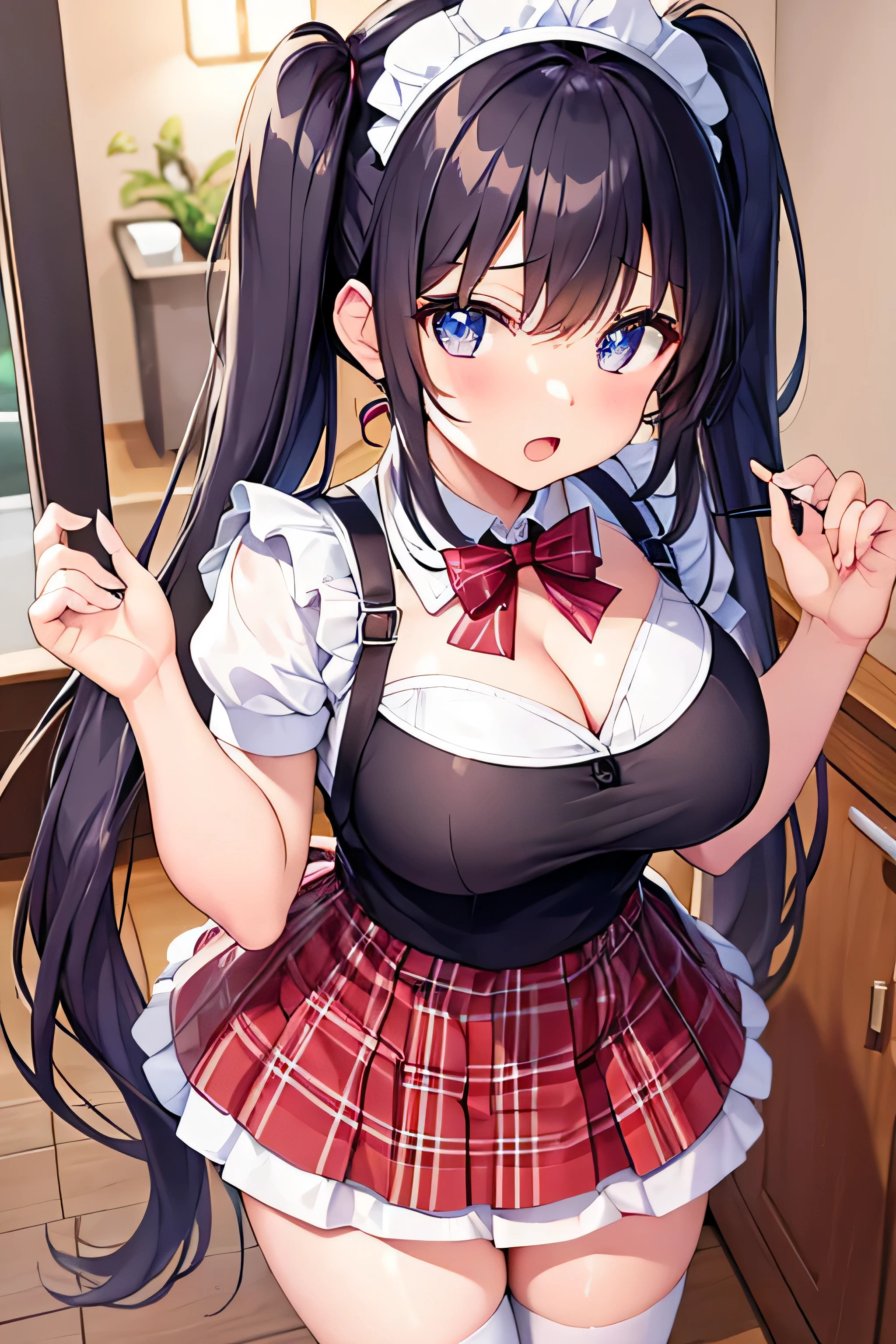 masterpiece、Highest image quality、ultra high resolution、 with big tits、twin tail hairstyle、black hair、red face、mock、Open your mouth just a little、Maid outfit that shows the cleavage of a teenschool girl、Knee high socks for teenage olgirls、Maid headband for teenage schorls、Inside the kitchen