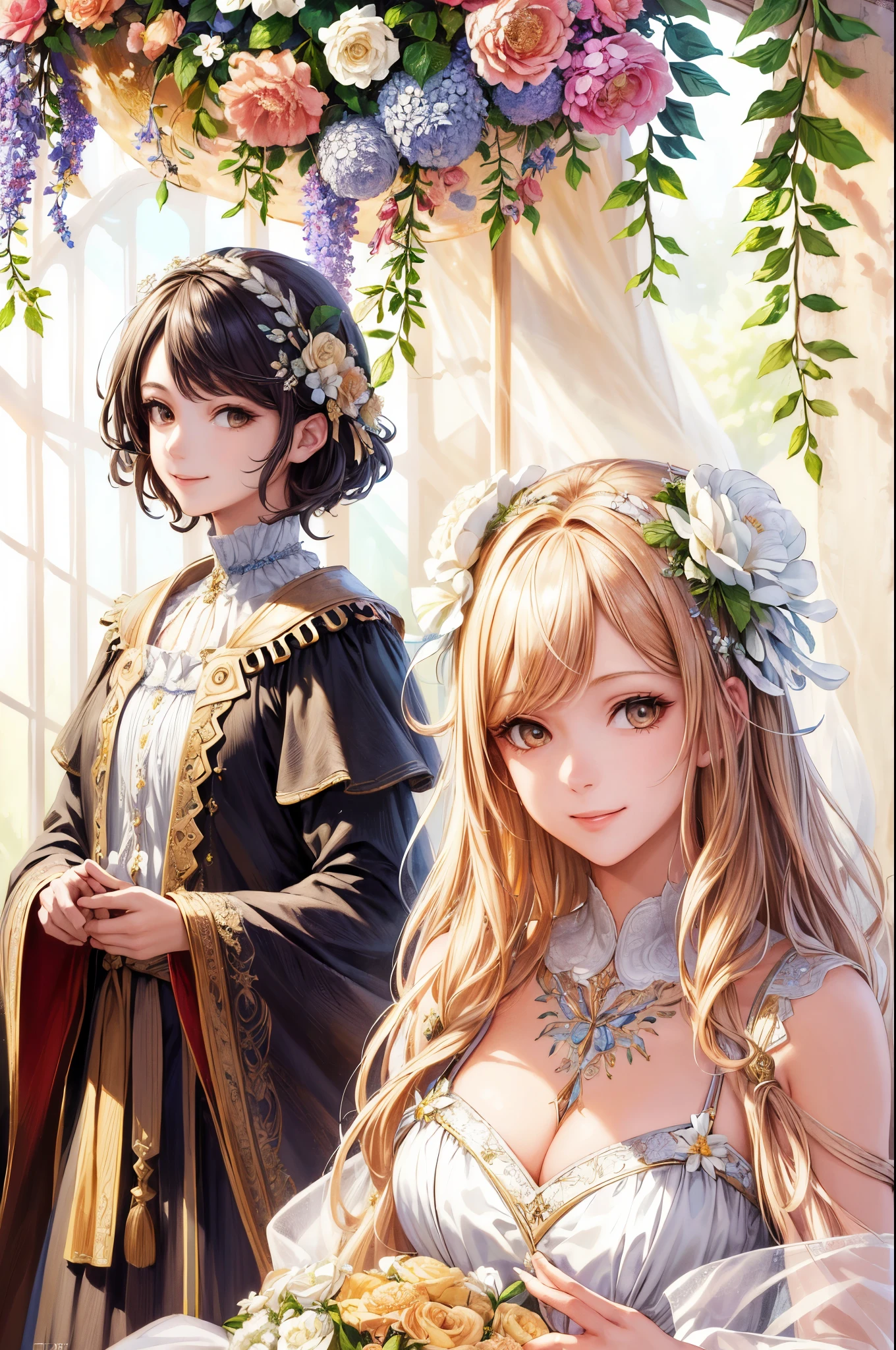 (masterpiece, top quality, high resolution: 1.4), detail, intricate details, smiling beautiful girl, angel big feathers, flower hair ornament, overhead shine, light, flower garden, gentle, misha, glitter, bouquet, 4k, color splash, line art, art, fibonacci,