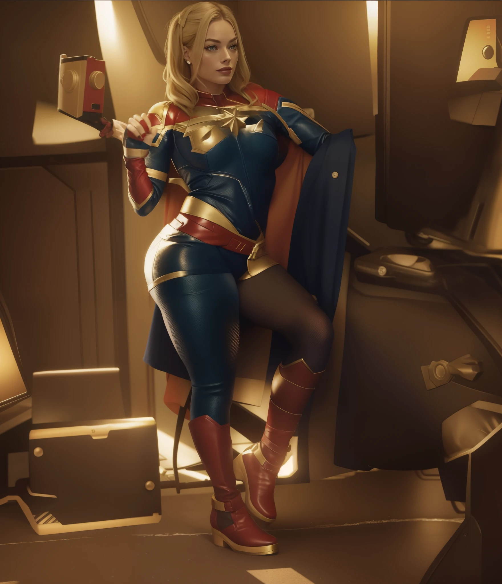 Margot Robbie as Captain Marvel com roupa vermelha e branca posando para uma foto, inspirado em Ryan Barger, Grosso, renderizado em SFM, como personagem de overwatch, High Resolution Commission, of Harley Quinn, garota poderosa, Cammy, como um personagem de overwatch, character is in his natural pose, of surveillance, fanart da coelhinha lola, corpo pin-up, Harley Quinn