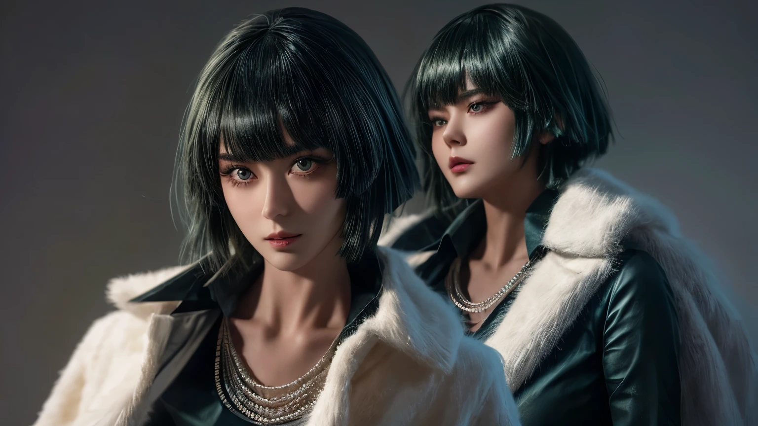 there is a woman with a fur coat and a belt, anime girl in real life, photorealistic anime girl render, ig model | artgerm, fubuki from one punch man, green hime cut hair, with short hair, realistic artstyle, masayoshi suto and artgerm, 8k, High quality image, masterpiece, detailed hair texture, detailed skin texture, detailed cloth texture, 8k, add fabric details, ultra detailed skin texture, ultra detailed photo, skin pores, cloth details, high skin details, realistic hair details, dramatic light