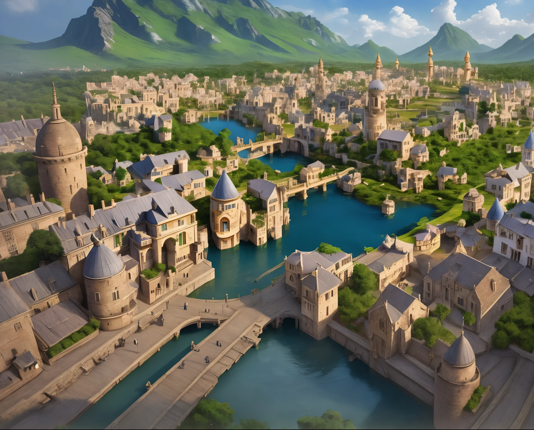 a view of a city with a river and a bridge in the middle, fantasy capital city, medeival fantasy town, renaissance port city background, medieval city background, fantasy town setting, fantasy matte painting，cute, elven city, fantasy city background, a bustling magical town, ancient city landscape, medieval city, a medieval city, fantasy cityscape