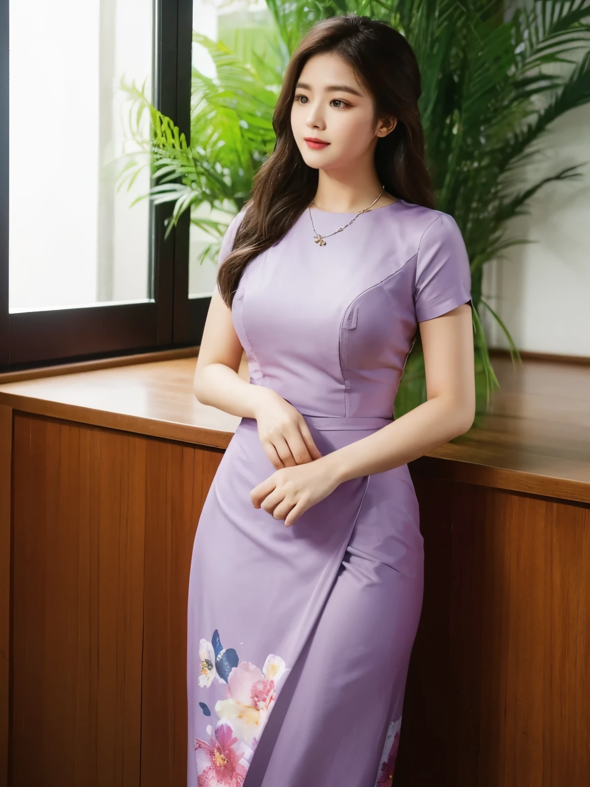 high-definition images, atmospheric perspective, 8k, super detail, accurate, best quality, angle from below, a woman, drooping eyes, sleepy face, blush,(floral purple dress),, necklace, standing portraits ,day scene, pagoda view, hair up, acmm's outfit, black acmm's top , black printed acmm's skirt,