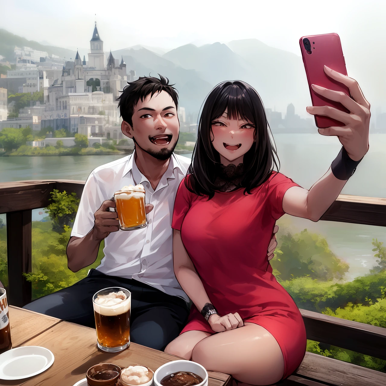 there is a man and woman taking a selfie with a beer, 8k selfie photograph, selfie, couple pose, selfie photography, lovely couple, couple, full body photogenic shot, in love selfie, 🤬 🤮 💕 🎀, in a scenic background, taking a selfie, 165 cm tall, pose 1 of 1 6, pose 4 of 1 6
