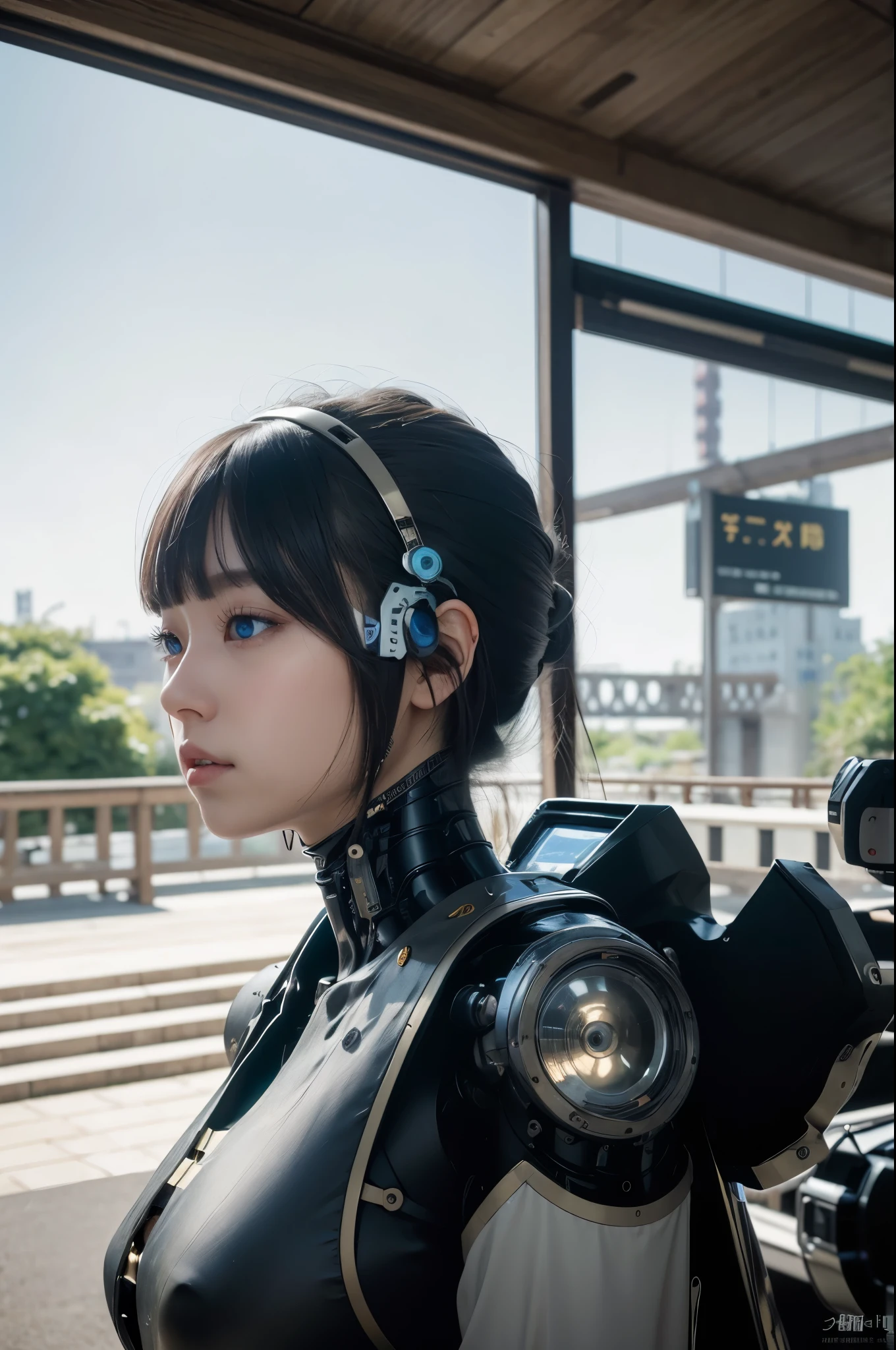 masterpiece, Best Quality, Extremely detailed, 8K portrait,Japaese android girl,Plump , control panels,Robot arms and legs, Blunt bangs,Charging spot,She is exhibits,musium,blue eyes