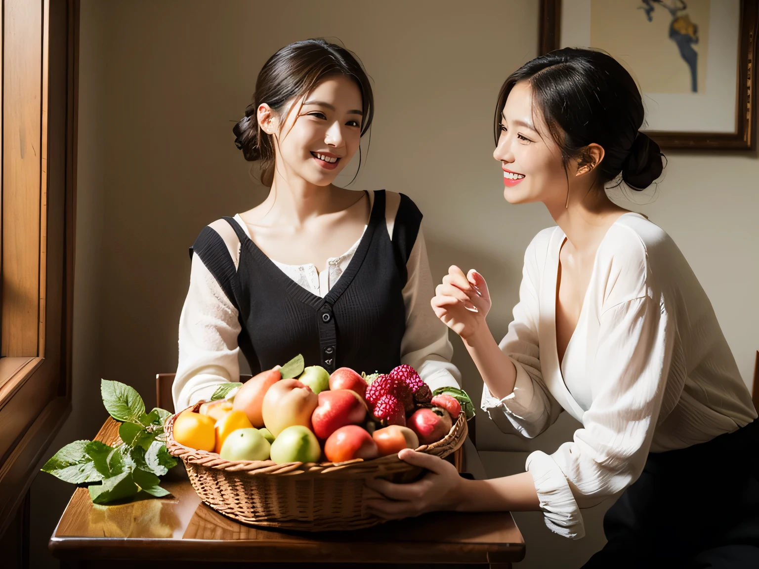 full body portrait ,fruits,Rose ,flower,Rosa,antique,A smile,,Sweet and seductive appearance.、Caravaggio's paintings、Chiaroscuro of Caravaggio,Two women frolicking,Cute smile, Expression of ecstasy