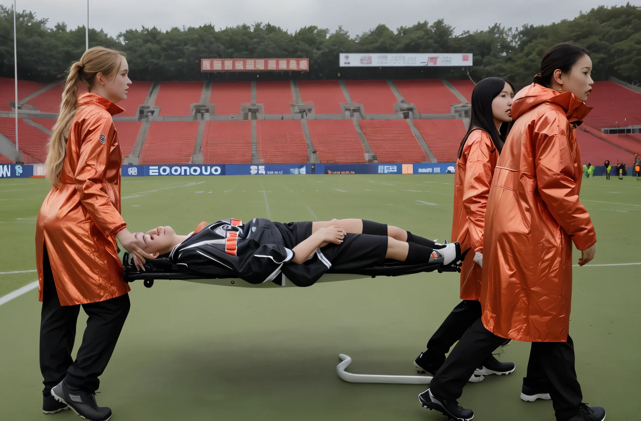 Soccer player is taken away on a stretcher, There is a man lying on his back on a stretcher with his hands grabbing his hurting leg, a man in a t-shirt and sports shorts has put his hands on his injured leg, the man has an agonised face looking to the sky, two horny looking longhaired and ponytailed women that are wearing very shiny coats, there are longhaired women with horny faces wearing laquered puffy coats, longhaired women are walking in wetlook puffy coats, several women walking around a football field with an injured athlete on a stretcher, the injured athlete on the stretcher is grabbing his injured leg with both hands, the women look very worried, behind the women there is a frightening atmosphere, there is heavy rainfall in the background, video still, behind the scenes, pity, china, erotic, horny, drama, very shiny orange vinyl fabric