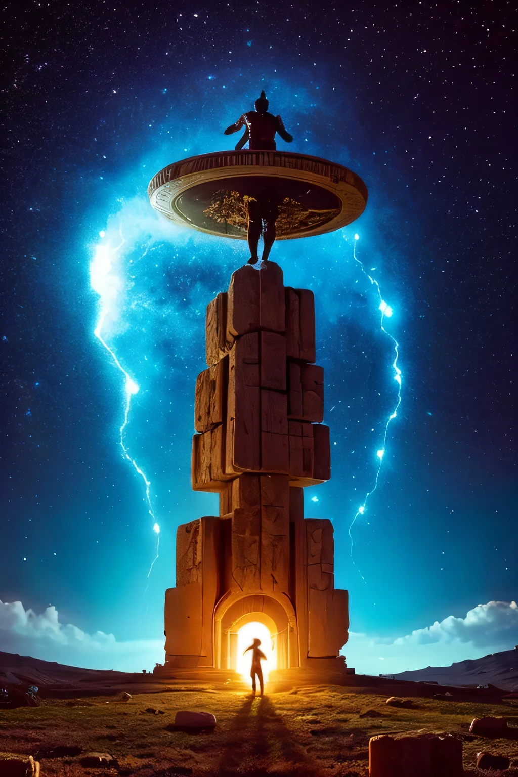 A highly developed civilization builds Baalbek, Giant extraterrestrial being performing a ritual, Singularity of celestial bodies, energy field