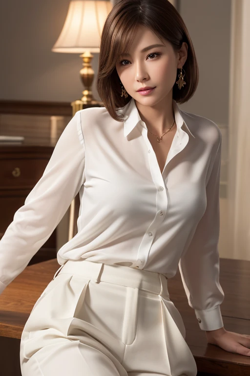 nsfw, ideal super high quality real photo taken with highest-grade camera, photorealistic, hyper-realistic, best quality, ultra-detailed, extremely detailed CG, an extremely delicate and beautiful, unity 8k wallpaper, official art, production art, warm lighting, cinema lighting, High-resolution,
A beautiful mature woman working in a white blouse and pants suit