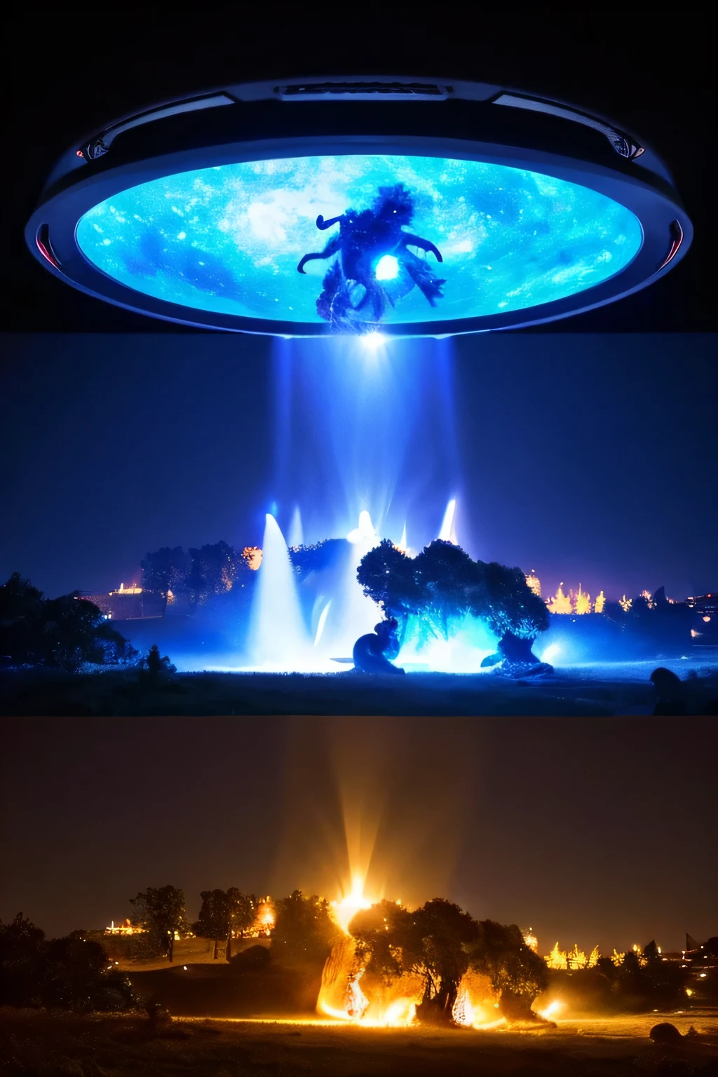 A highly developed civilization builds Baalbek, Giant extraterrestrial being performing a ritual, Singularity of celestial bodies, energy field
