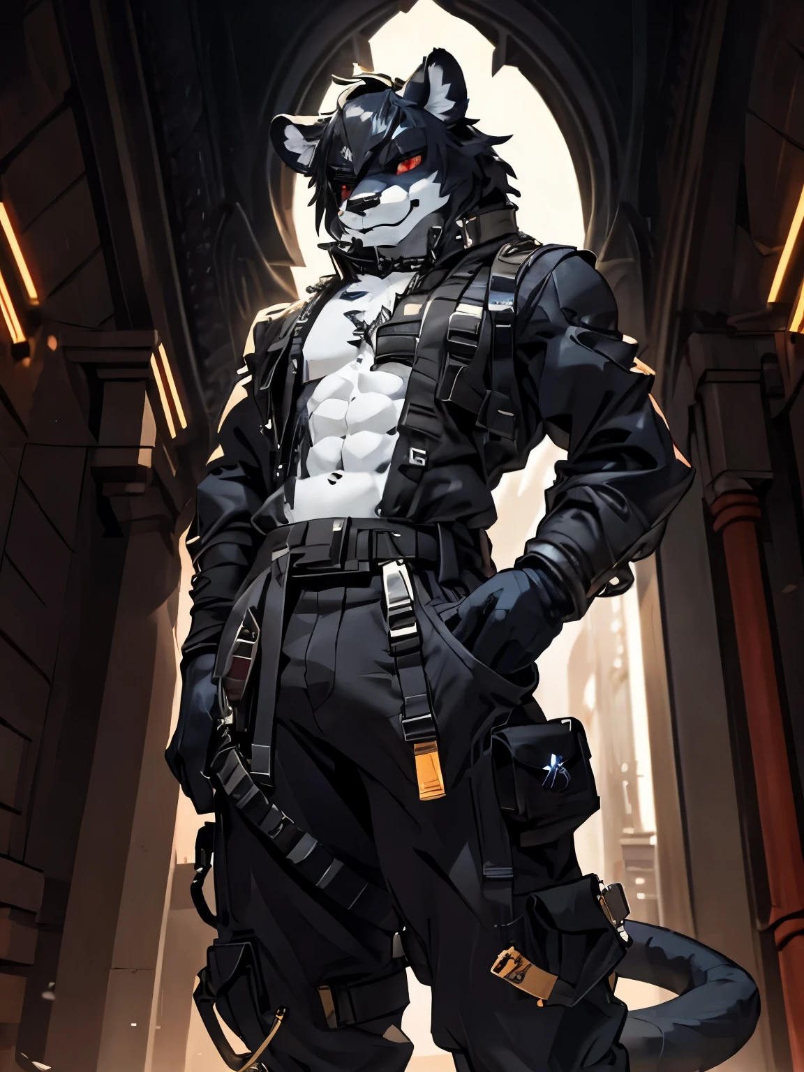 male, furry, Tiger anthro, solo, white fur, red eyes, (Realistic eye details 1.2), mafiawear, abs, Masterpiece, dramatic lighting, soft lighting, day, highly detail, Hair coiled, detail fur, perfect body,