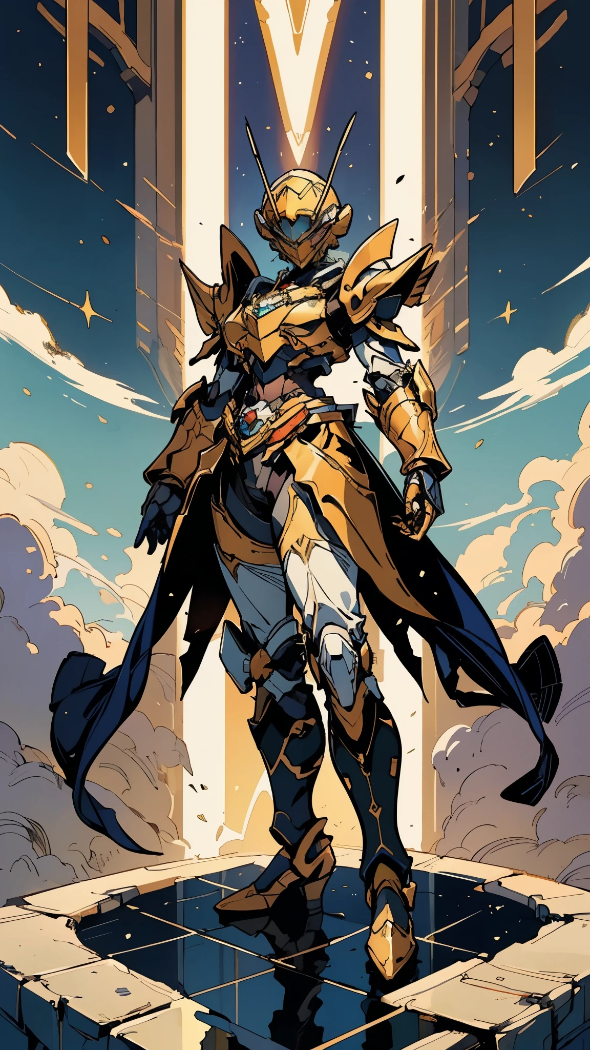 A woman adorned in fantasy-style full-body armor, a crown-concept fully enclosed helmet that unveils only her eyes, a composite layered chest plate, fully encompassing shoulder and hand guards, a lightweight waist armor, form-fitting shin guards, the overall design is heavy-duty yet flexible, (the armor gleams with a golden glow, complemented by red and blue accents), exhibiting a noble aura, she floats above a fantasy-surreal high-tech city, this character embodies a finely crafted fantasy-surreal style armored hero in anime style, exquisite and mature manga art style, (mixture of Queen bee and Spider concept Armor, plasma), ((Element, elegant, goddess, femminine:1.5)), metallic, high definition, best quality, highres, ultra-detailed, ultra-fine painting, extremely delicate, professional, anatomically correct, symmetrical face, extremely detailed eyes and face, high quality eyes, creativity, RAW photo, UHD, 32k, Natural light, cinematic lighting, masterpiece-anatomy-perfect, masterpiece:1.5