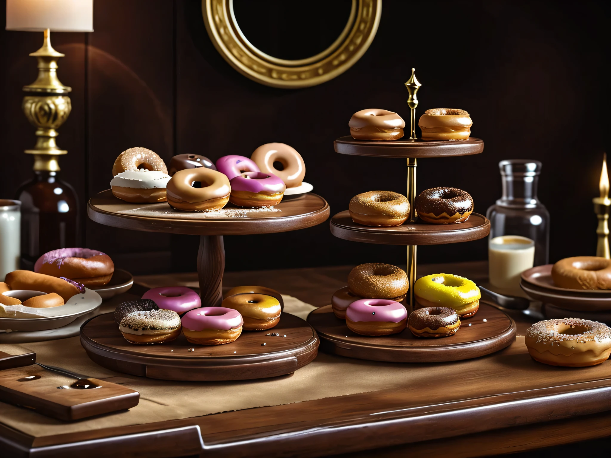 Featuring a variety of donuts on top of the luxurious table, looks luxurious, delicious and tempting, the background is like in a high-end restoration