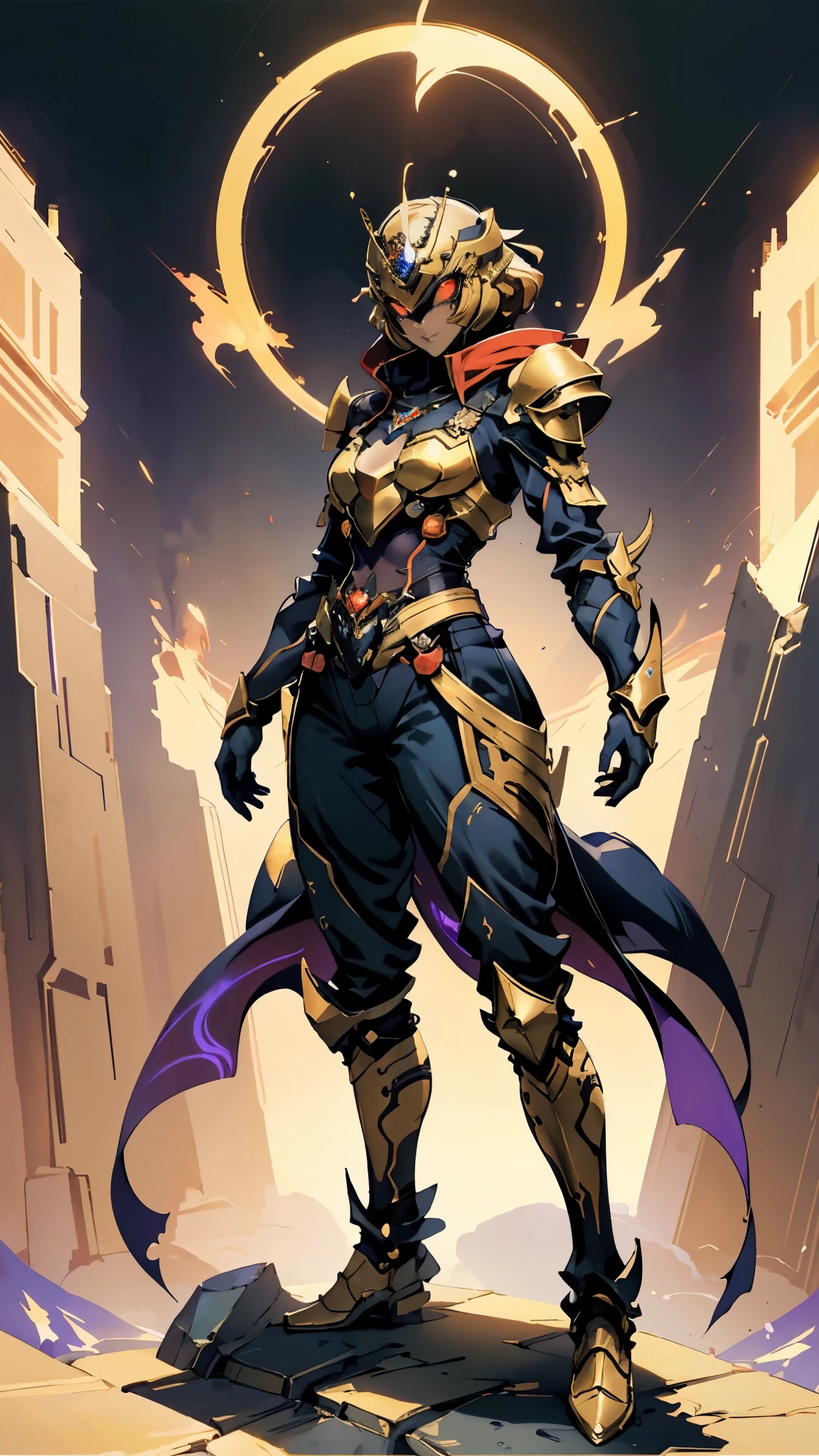 A woman adorned in fantasy-style full-body armor, a crown-concept fully enclosed helmet that unveils only her eyes, a composite layered chest plate, fully encompassing shoulder and hand guards, a lightweight waist armor, form-fitting shin guards, the overall design is heavy-duty yet flexible, (the armor gleams with a golden glow, complemented by red and blue accents), exhibiting a noble aura, she floats above a fantasy-surreal high-tech city, this character embodies a finely crafted fantasy-surreal style armored hero in anime style, exquisite and mature manga art style, (mixture of Queen bee and Spider concept Armor, plasma), ((Element, elegant, goddess, femminine:1.5)), metallic, high definition, best quality, highres, ultra-detailed, ultra-fine painting, extremely delicate, professional, anatomically correct, symmetrical face, extremely detailed eyes and face, high quality eyes, creativity, RAW photo, UHD, 32k, Natural light, cinematic lighting, masterpiece-anatomy-perfect, masterpiece:1.5