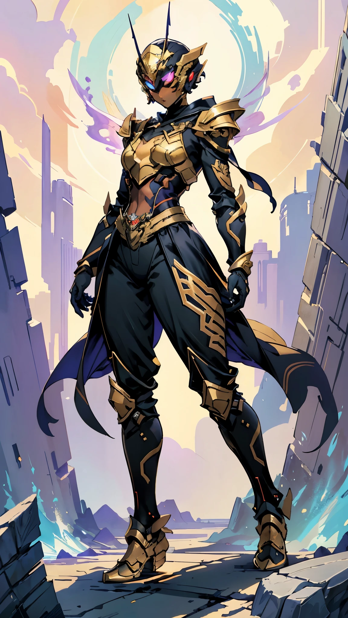 A woman adorned in fantasy-style full-body armor, a crown-concept fully enclosed helmet that unveils only her eyes, a composite layered chest plate, fully encompassing shoulder and hand guards, a lightweight waist armor, form-fitting shin guards, the overall design is heavy-duty yet flexible, (the armor gleams with a golden glow, complemented by red and blue accents), exhibiting a noble aura, she floats above a fantasy-surreal high-tech city, this character embodies a finely crafted fantasy-surreal style armored hero in anime style, exquisite and mature manga art style, (mixture of Queen bee and Spider concept Armor, plasma), ((Element, elegant, goddess, femminine:1.5)), metallic, high definition, best quality, highres, ultra-detailed, ultra-fine painting, extremely delicate, professional, anatomically correct, symmetrical face, extremely detailed eyes and face, high quality eyes, creativity, RAW photo, UHD, 32k, Natural light, cinematic lighting, masterpiece-anatomy-perfect, masterpiece:1.5