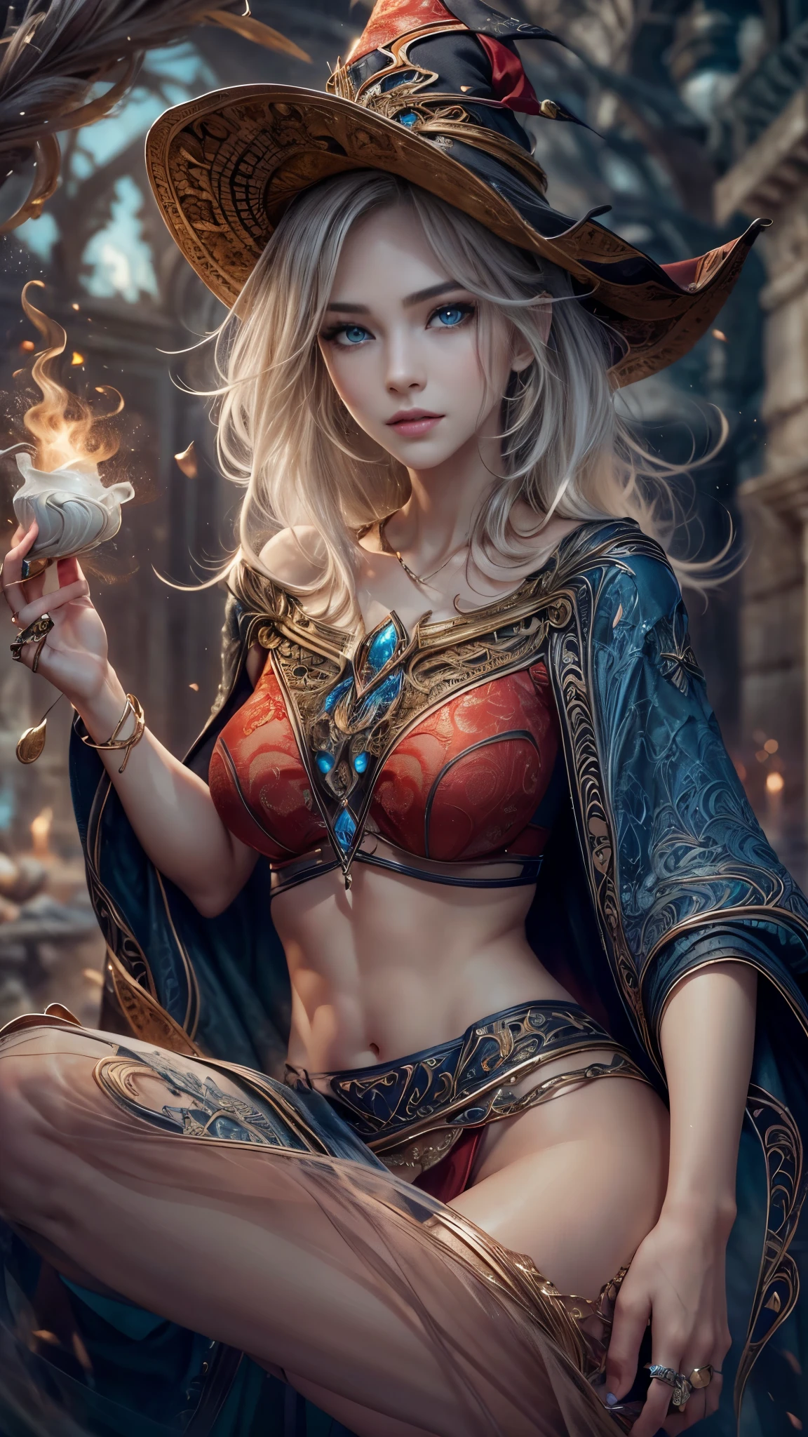 (RAW shooting:1.5, Photoreal:1.5, 8k, highest quality, masterpiece, ultra high resolution), magical world, perfect dynamic composition, Mysterious:1.3, Highly detailed skin and facial textures:1.3, Cute and sexy slim female wizard, beautiful and aesthetic, cute and sexy beauty, perfect style, wear elaborate rings, pose to cast a spell:1.3, fire, water, Wind, thunder, inflammation, ice, Fair skin, very beautiful face, (Medium chest, Chest gap), (embarrassing smile, The expression on your face when you feel intense caress, Facial expression when feeling pleasure), (How to properly wear a sexy wizard costume off your shoulders), (beautiful blue eyes, Eyes that feel beautiful eros:0.8), (Too erotic:0.9, Bewitching:0.9), full body shot