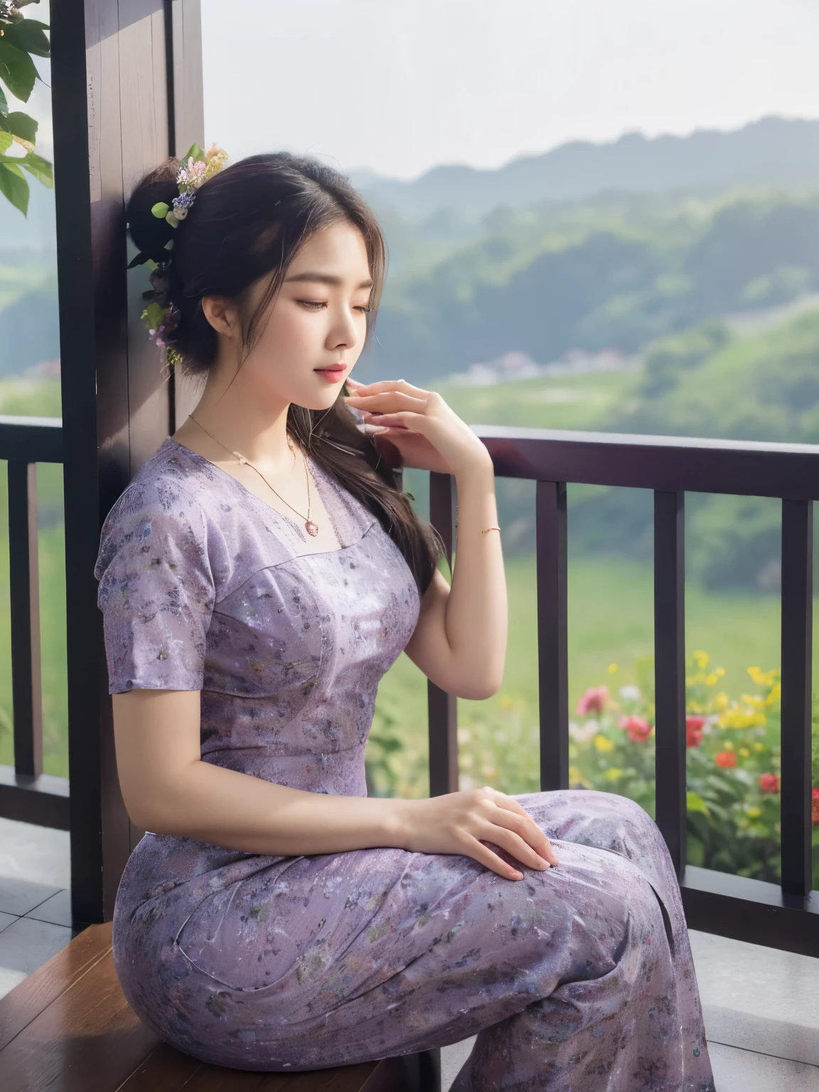 high-definition images, atmospheric perspective, 8k, super detail, accurate, best quality, angle from below, a woman, drooping eyes, sleepy face, blush,(floral purple dress),necklace, standing portraits ,day scene, pagoda view, hair up, acmm's outfit, black acmm's top , black printed acmm's skirt,
