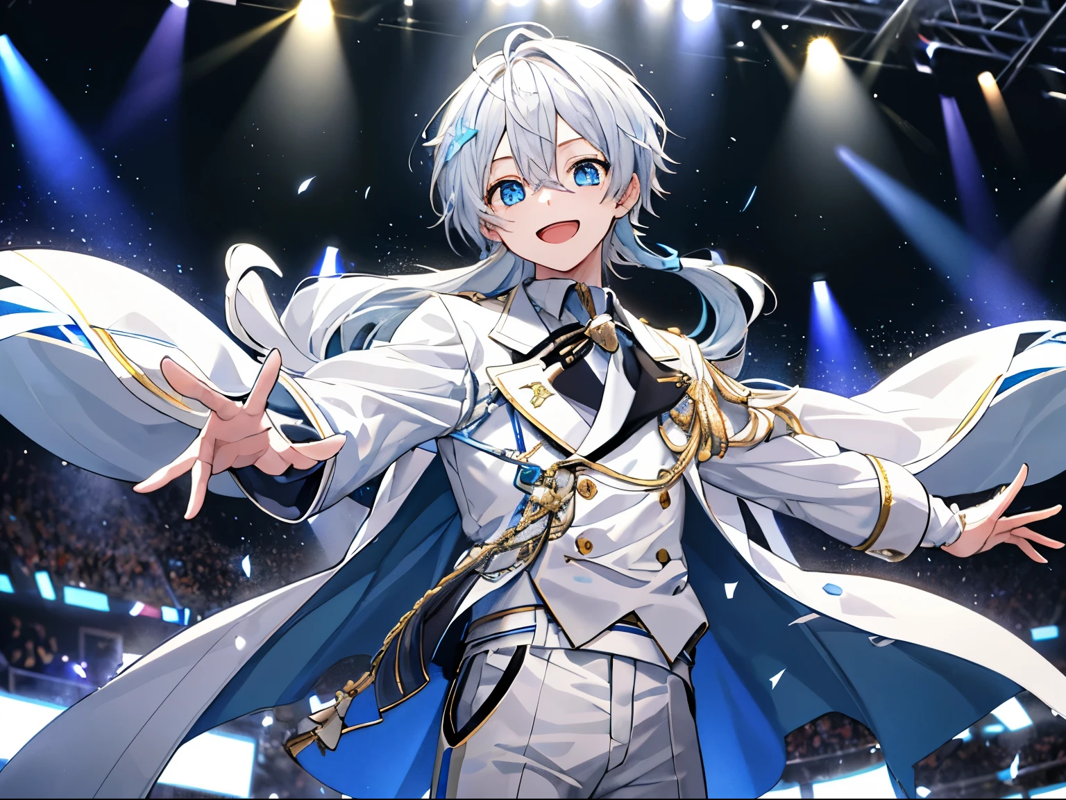 1 boy、young、disorganized, ultra high resolution,,looking at viewer, face focus, from the front,White and light blue theme、one boy、long white hair, light blue eyes, With a smile,sing , shining eyes,  Cross-shaped pupils that shine white, black gloves, ruffle shirt, ,  noble clothes, short trousers、sock garter、Idol,  round eyes,sense of speed, Uplifting、motion blur effect, Wind 、Idolステージを背景に,whole body, indoor, Idolライブ,  spotlight light particles,dynamic angle, Depth of the bounds written, Bokeh, Light leakage